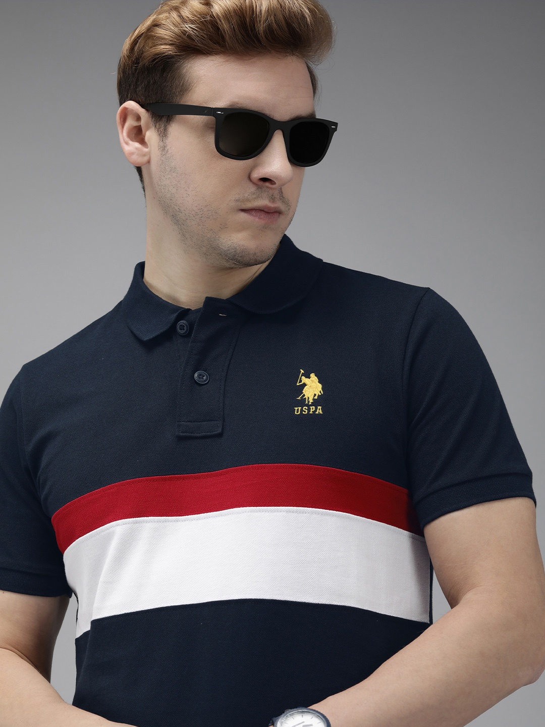 U S Polo Assn Men Navy Blue & White Striped Polo Collar Pure Cotton Slim Fit T-shirt
U S Polo Assn Men Navy Blue & White Striped Polo Collar Pure Cotton Slim Fit T-shirt