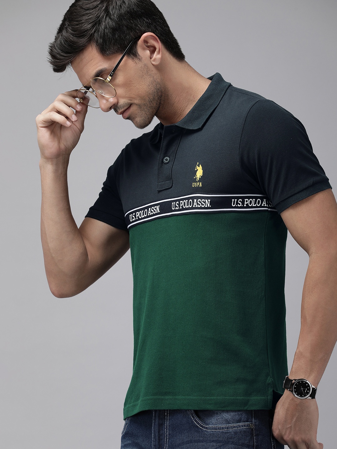 U S Polo Assn Brand Logo Colourblocked Polo Collar Pure Cotton Slim Fit T-shirt, Navy blue
U S Polo Assn Brand Logo Colourblocked Polo Collar Pure Cotton Slim Fit T-shirt, Navy blue
