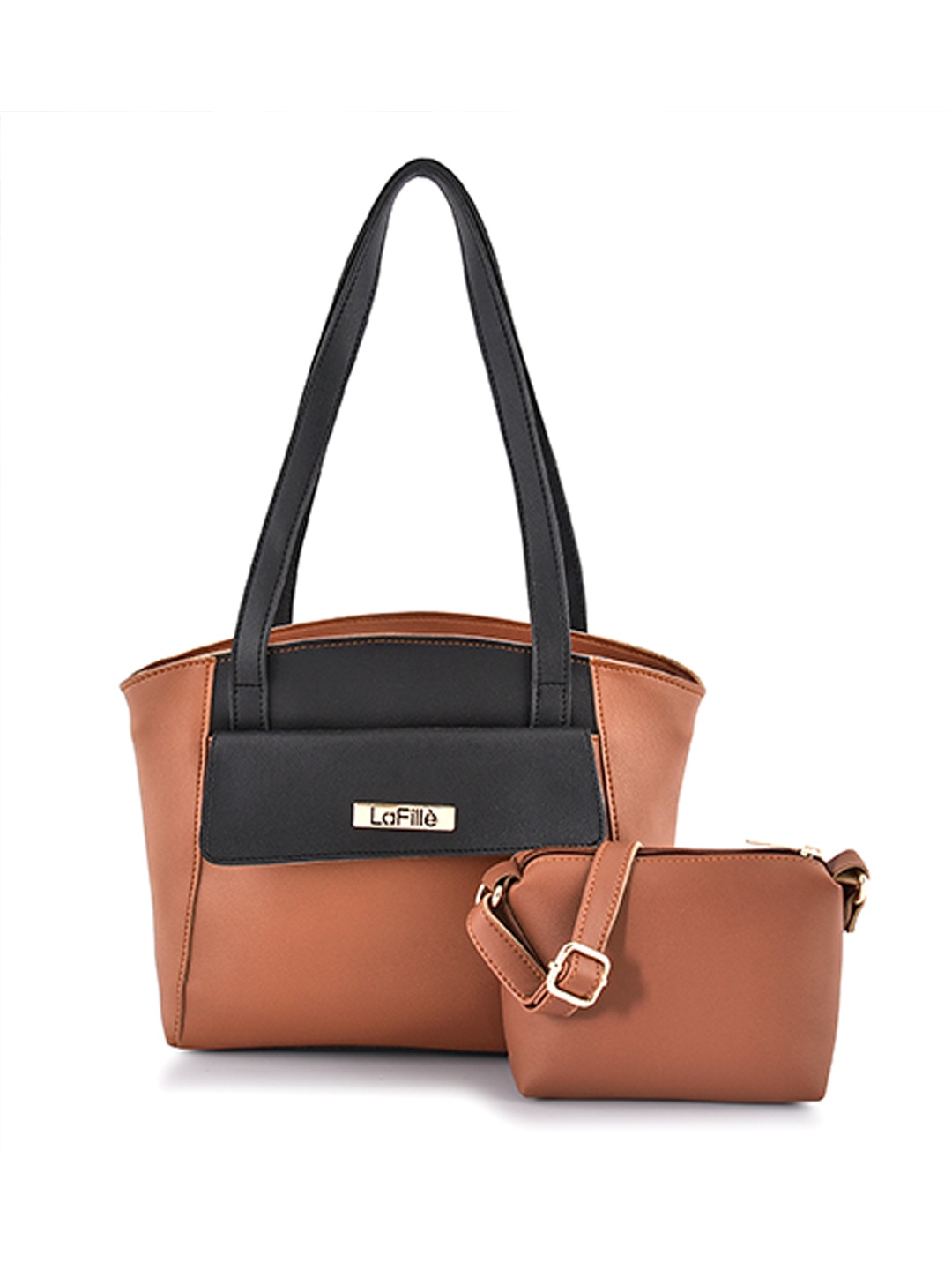 LaFille Tan Colourblocked PU Shopper Shoulder Bag with Quilted