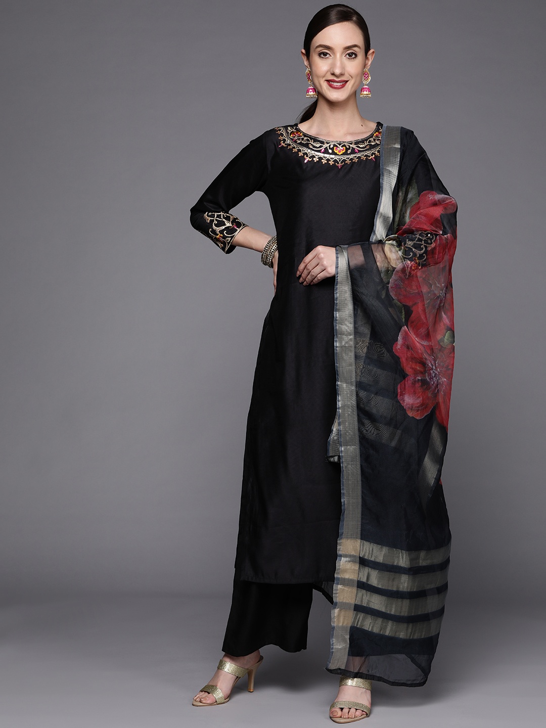 Indo Era Women Black Ethnic Motifs Embroidered Liva Kurta with Palazzos & With Dupatta
Indo Era Women Black Ethnic Motifs Embroidered Liva Kurta with Palazzos & With Dupatta