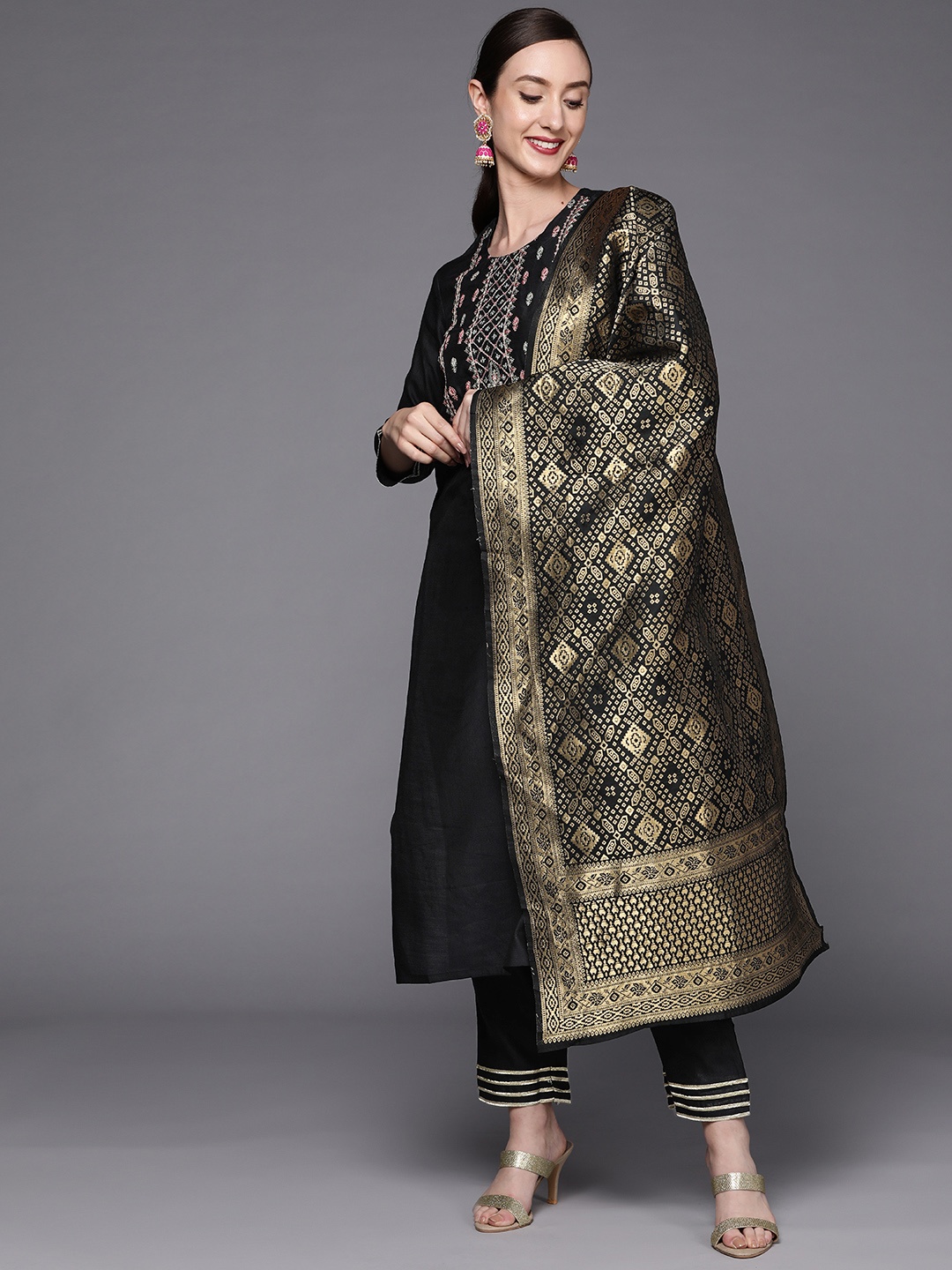 Indo Era Women Black Yoke Design Thread Work Liva Kurta with Trousers & With Dupatta
Indo Era Women Black Yoke Design Thread Work Liva Kurta with Trousers & With Dupatta