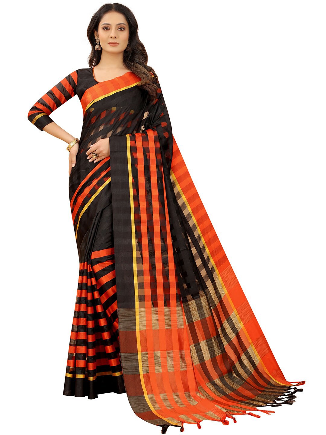Dhyey Fashion Orange & Black Checkered Pattern Tassel Saree With Striped Pattern Blouse