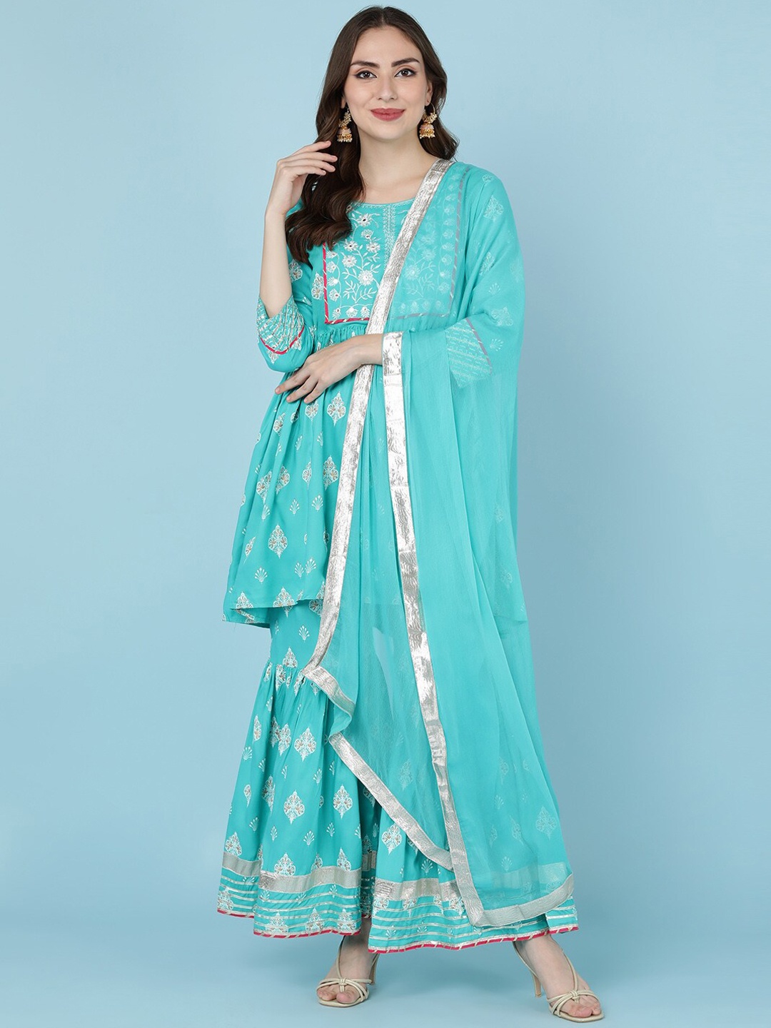 JAIPUR PRIME Women Sea Green Floral Embroidered Empire Gotta Patti Kurti with Sharara & With Dupatta
JAIPUR PRIME Women Sea Green Floral Embroidered Empire Gotta Patti Kurti with Sharara & With Dupatta