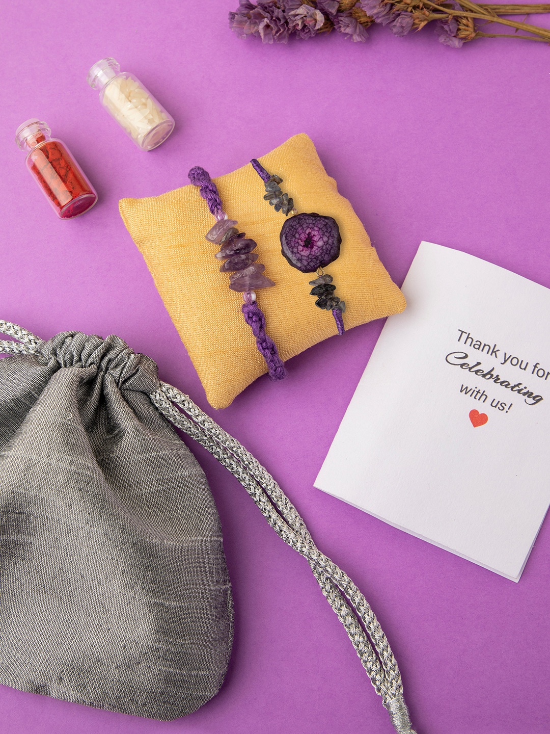 DEEBACO Set Of 2 Purple Amythyst & Agate Thread Rakhi With Roli-Chawal & Greeting Card
DEEBACO Set Of 2 Purple Amythyst & Agate Thread Rakhi With Roli-Chawal & Greeting Card