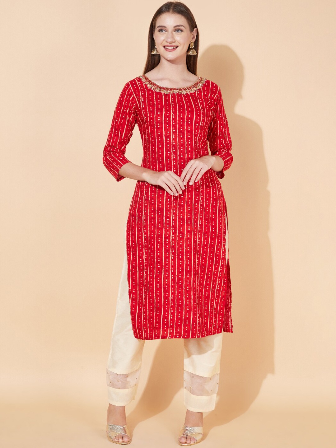FASHOR Women Red Geometric Printed Mirror Work Kurta