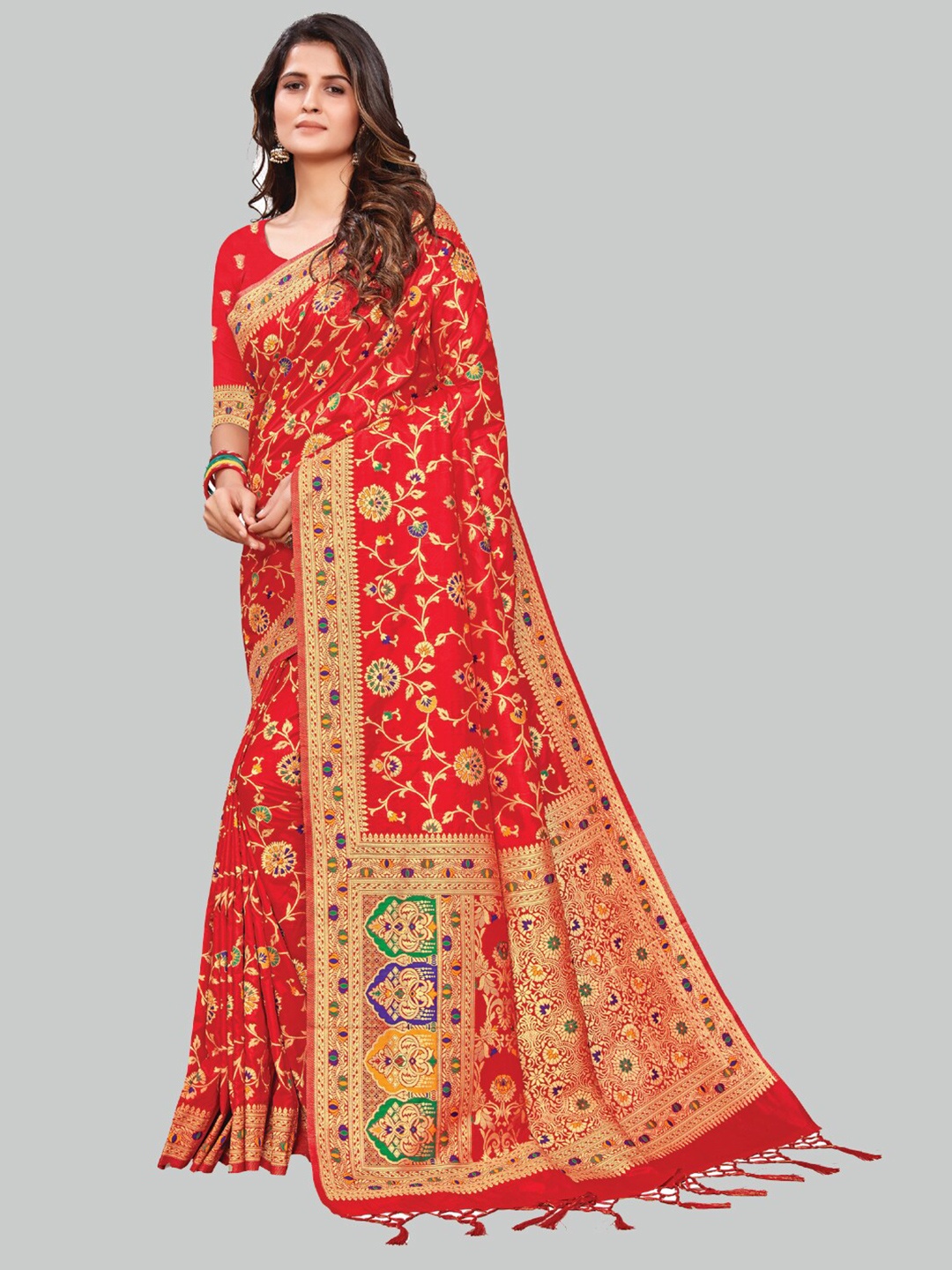 AYKA CLOTHINGS Red & Gold-Toned Ethnic Motifs Zari Silk Cotton Heavy Work Banarasi Saree
AYKA CLOTHINGS Red & Gold-Toned Ethnic Motifs Zari Silk Cotton Heavy Work Banarasi Saree