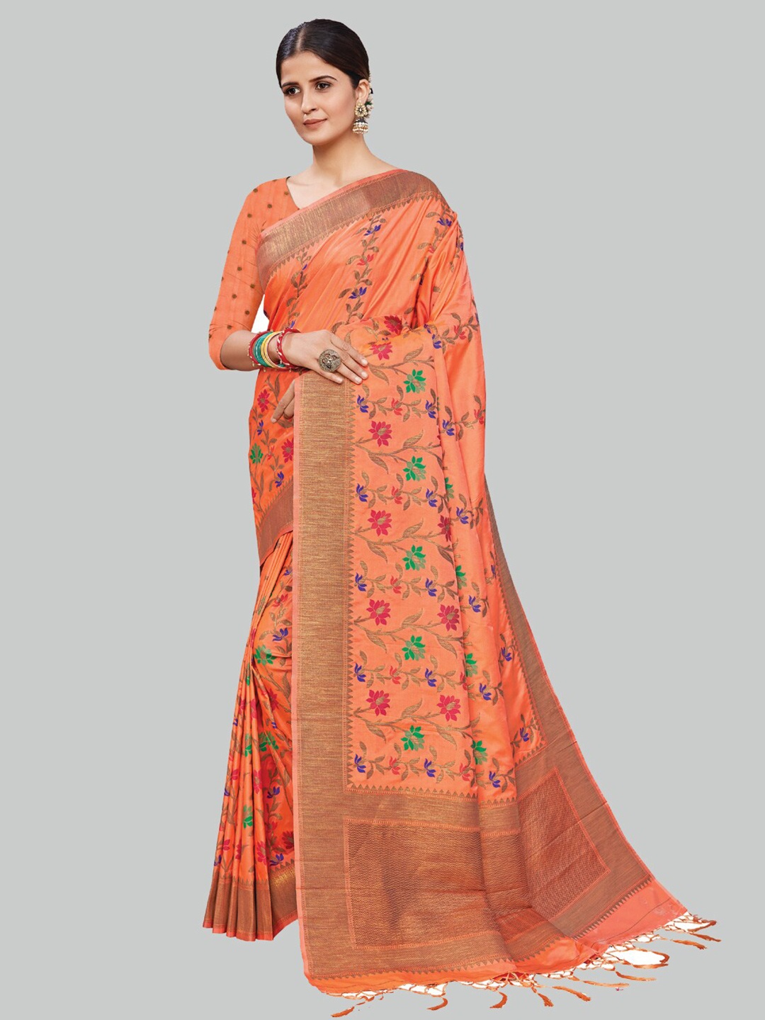 AYKA CLOTHINGS Orange & Gold-Toned Floral Zari Silk Cotton Heavy Work Banarasi Saree
AYKA CLOTHINGS Orange & Gold-Toned Floral Zari Silk Cotton Heavy Work Banarasi Saree