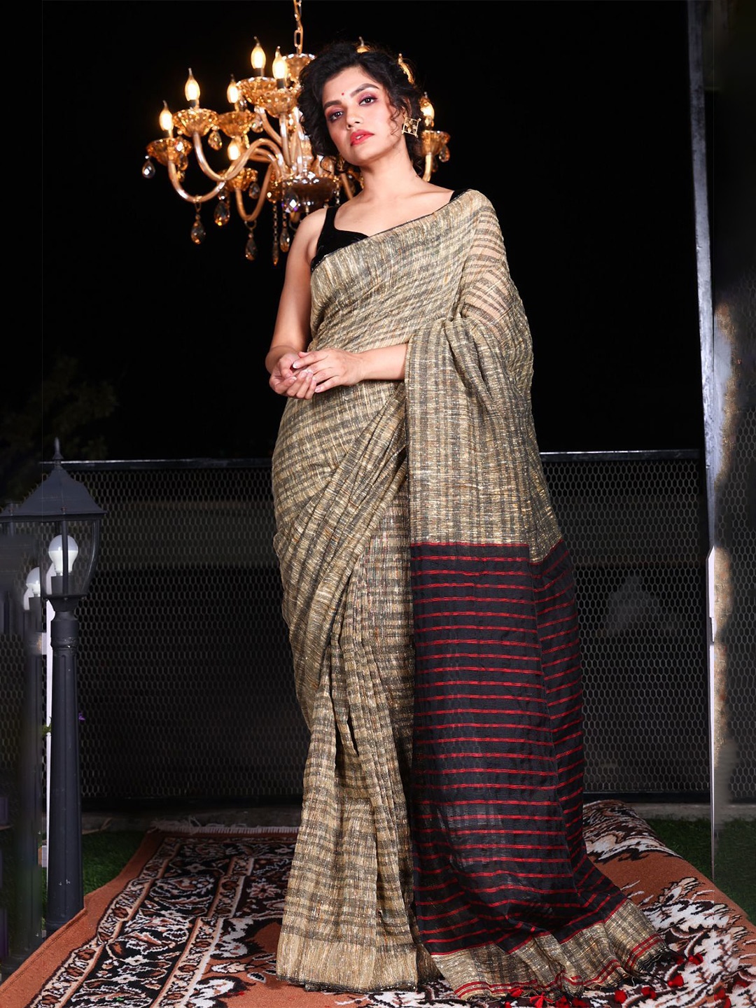 Charukriti Beige & Black Woven Design Zari Pure Cotton Saree