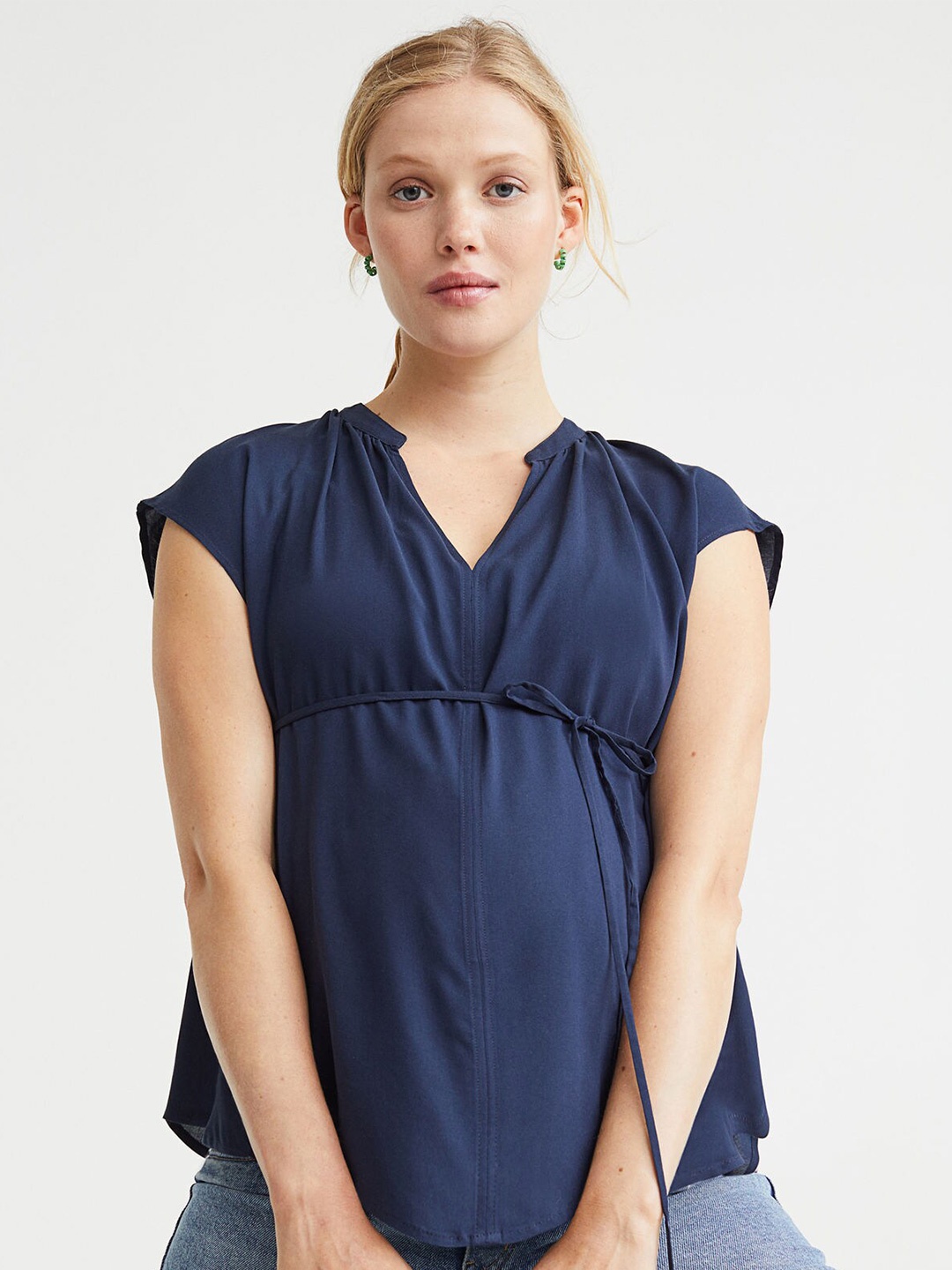 H&M MAMA Navy Blue Tie-Belt Blouse