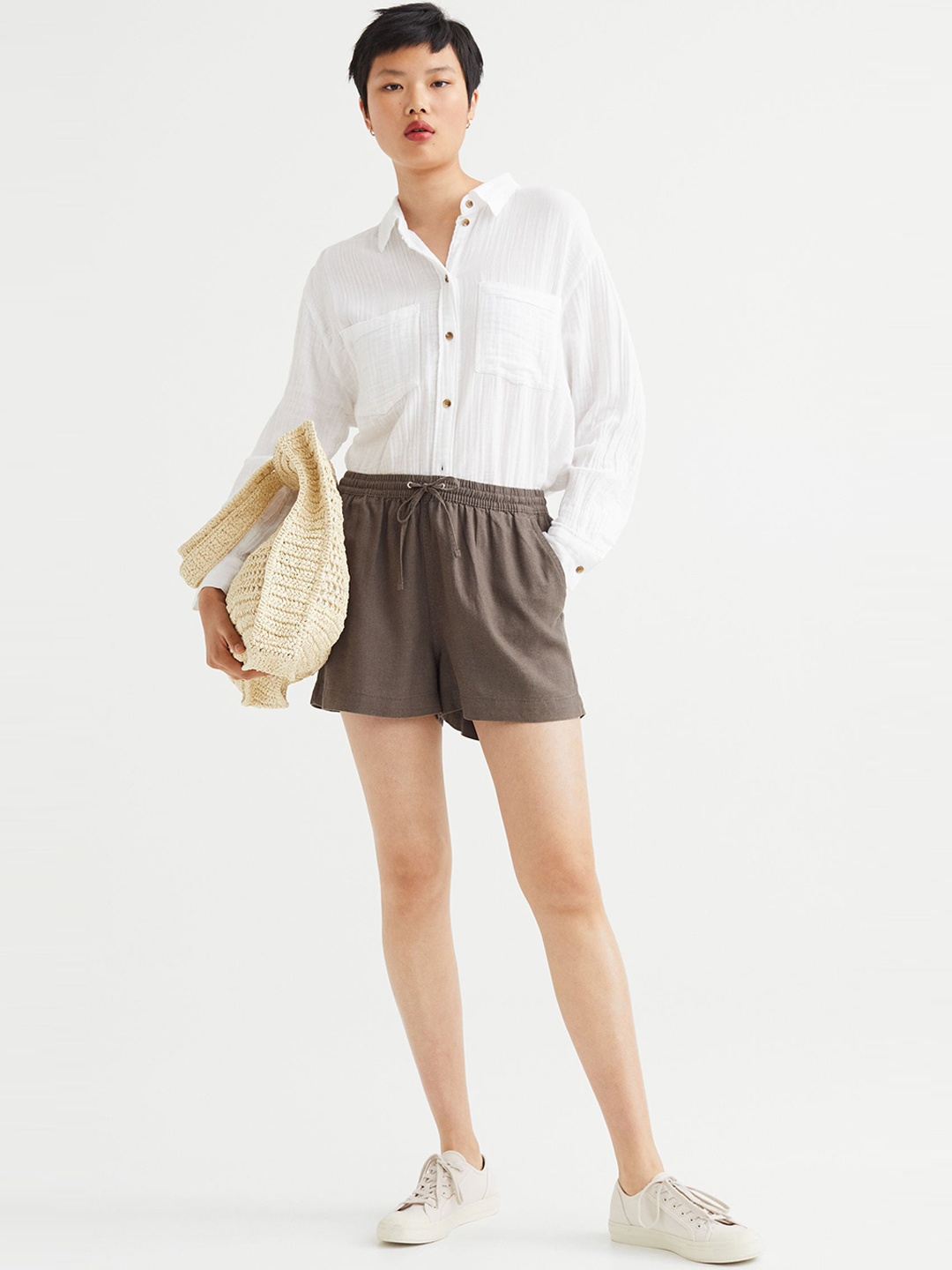 H&M Women Beige Linen-Blend Shorts