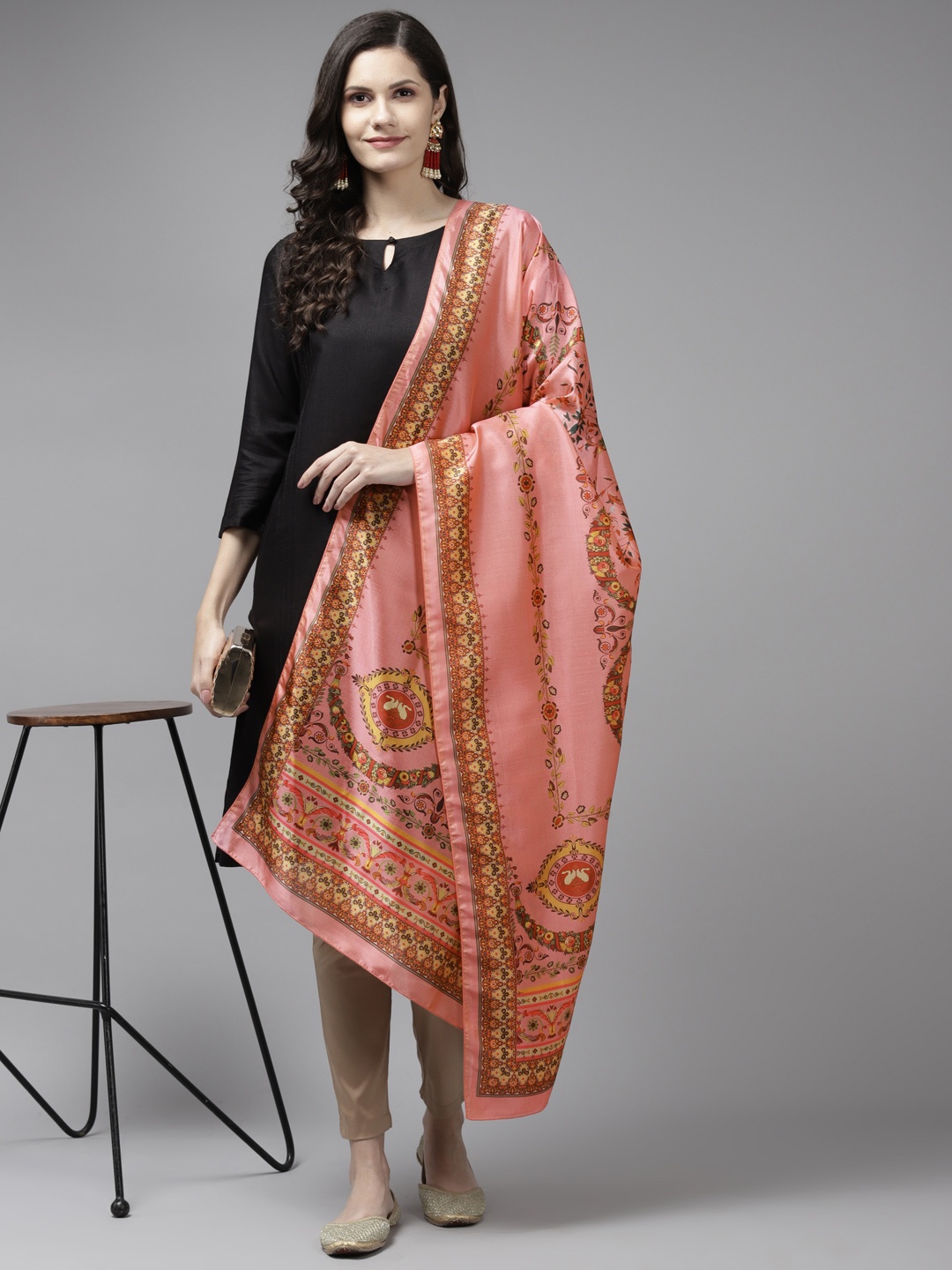 Yufta Pink & Yellow Ethnic Motifs Printed Dupatta