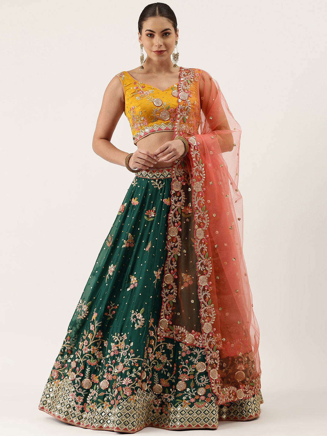 panchhi Teal & Mustard Embellished Sequinned Semi-Stitched Lehenga & Unstitched Blouse With Dupatta
panchhi Teal & Mustard Embellished Sequinned Semi-Stitched Lehenga & Unstitched Blouse With Dupatta