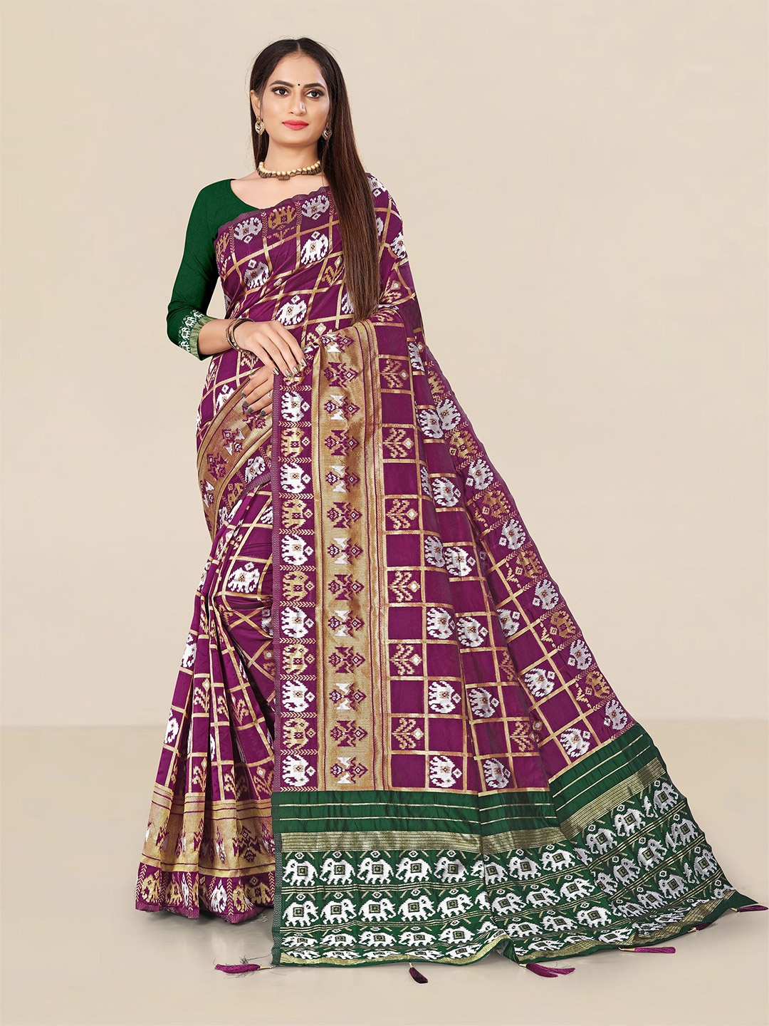 UNITED LIBERTY Women Purple & Green Checked Zari Art Silk Patola Saree