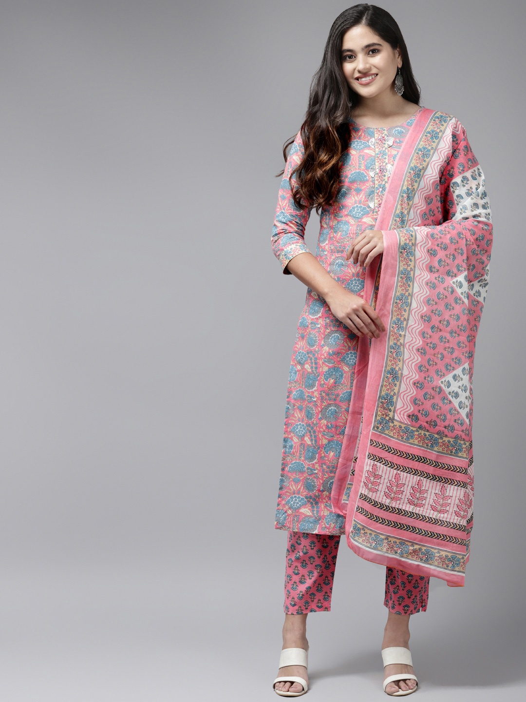 Yufta Women Pink Floral Printed Mirror Work Pure Cotton Kurta with Trousers & With Dupatta
Yufta Women Pink Floral Printed Mirror Work Pure Cotton Kurta with Trousers & With Dupatta