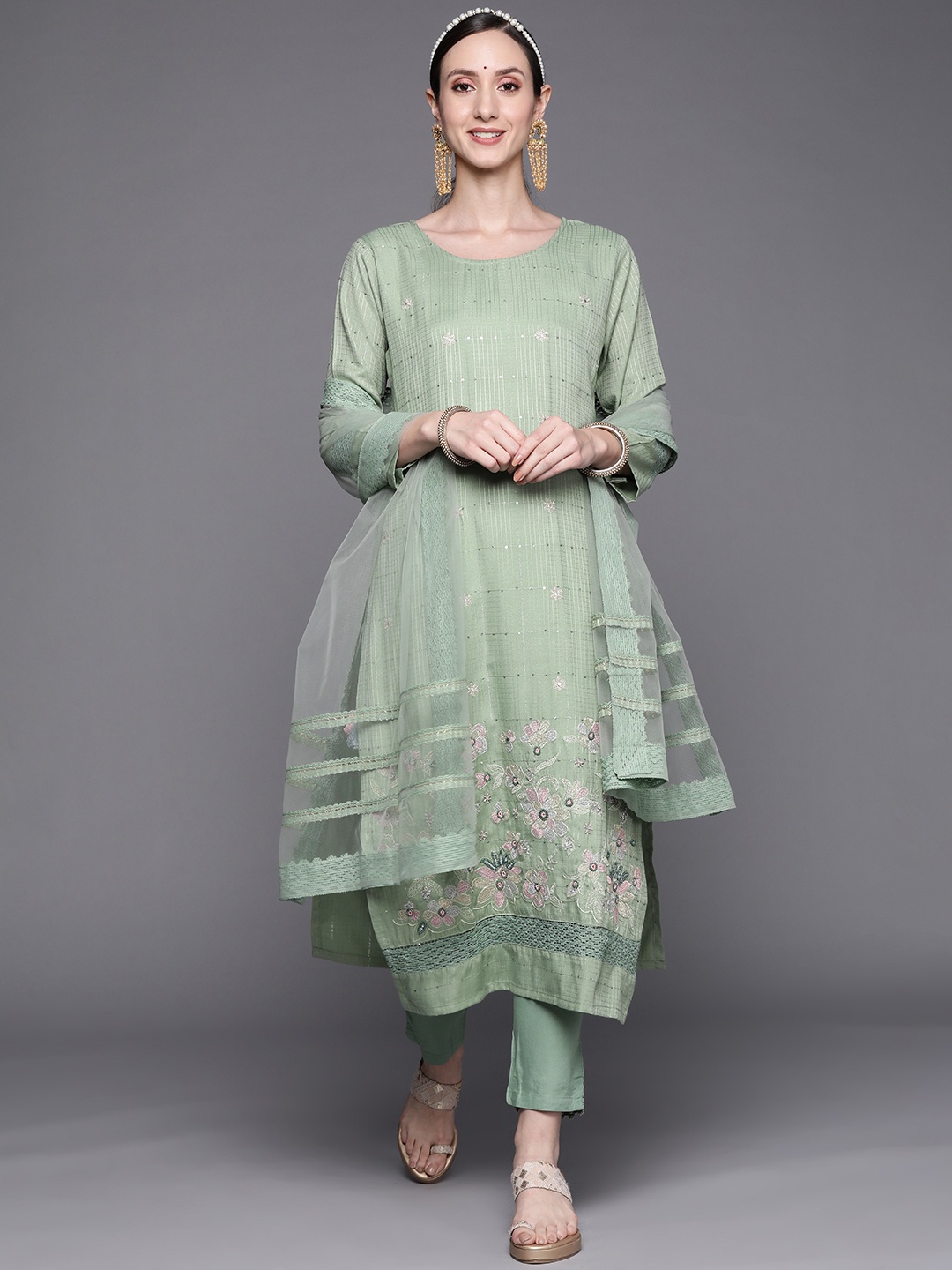Indo Era Women Sea Green Embroidered Kurta with Trousers & Dupatta