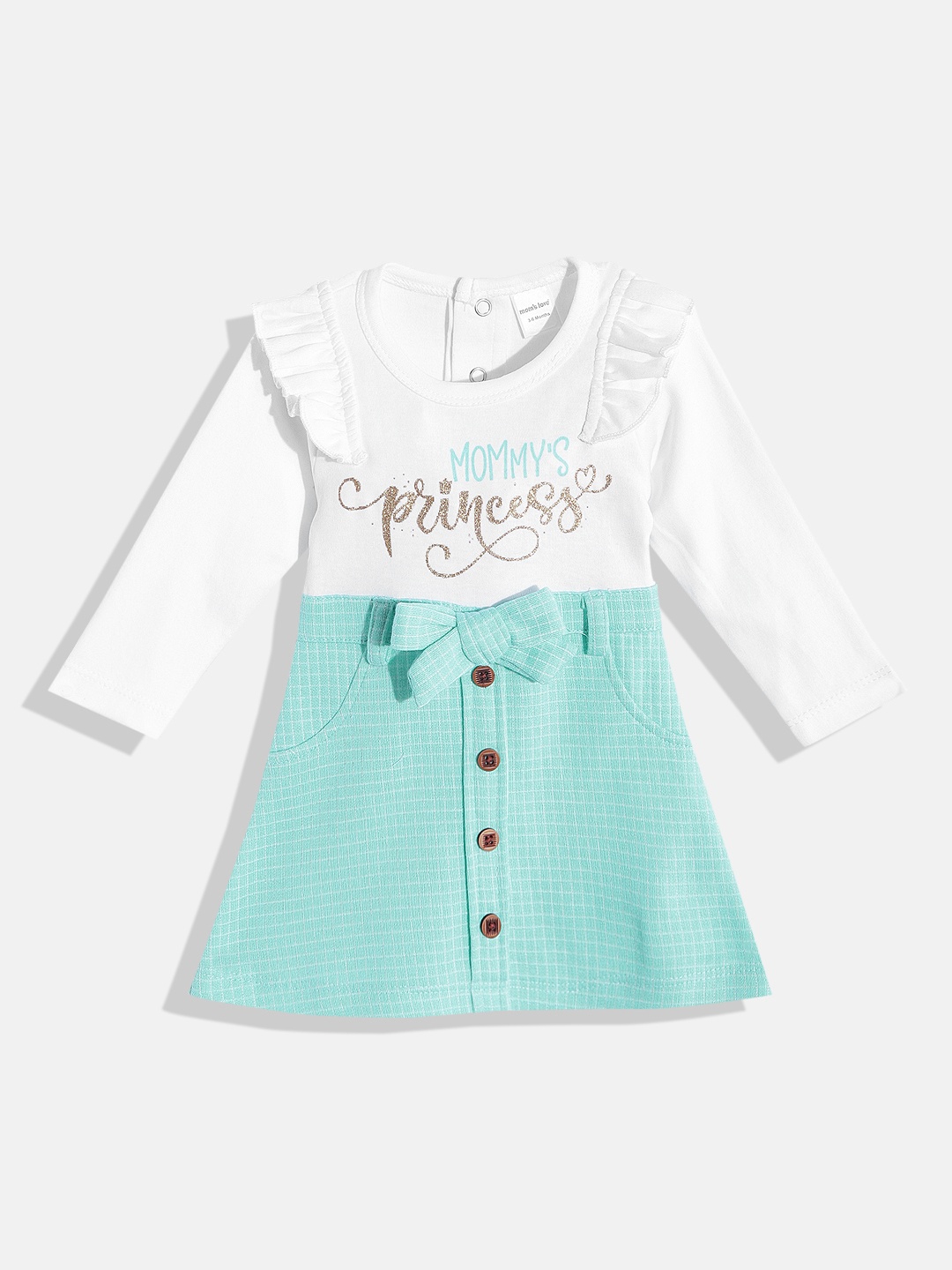Moms Love Infant Girls Sea Green & White Cotton Typography Print Bow Ruffles A-Line Dress
Moms Love Infant Girls Sea Green & White Cotton Typography Print Bow Ruffles A-Line Dress