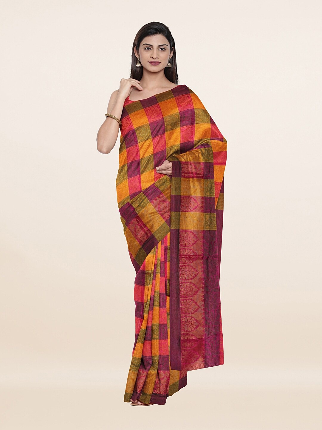 Pothys Purple & Green Checked Saree