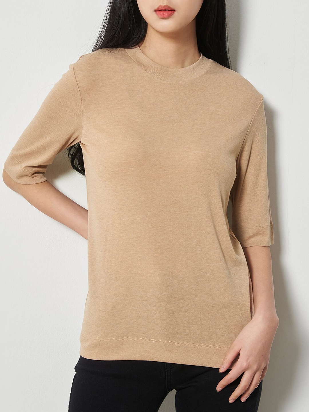 8seconds Women Beige Solid Drop-Shoulder Sleeves T-shirt