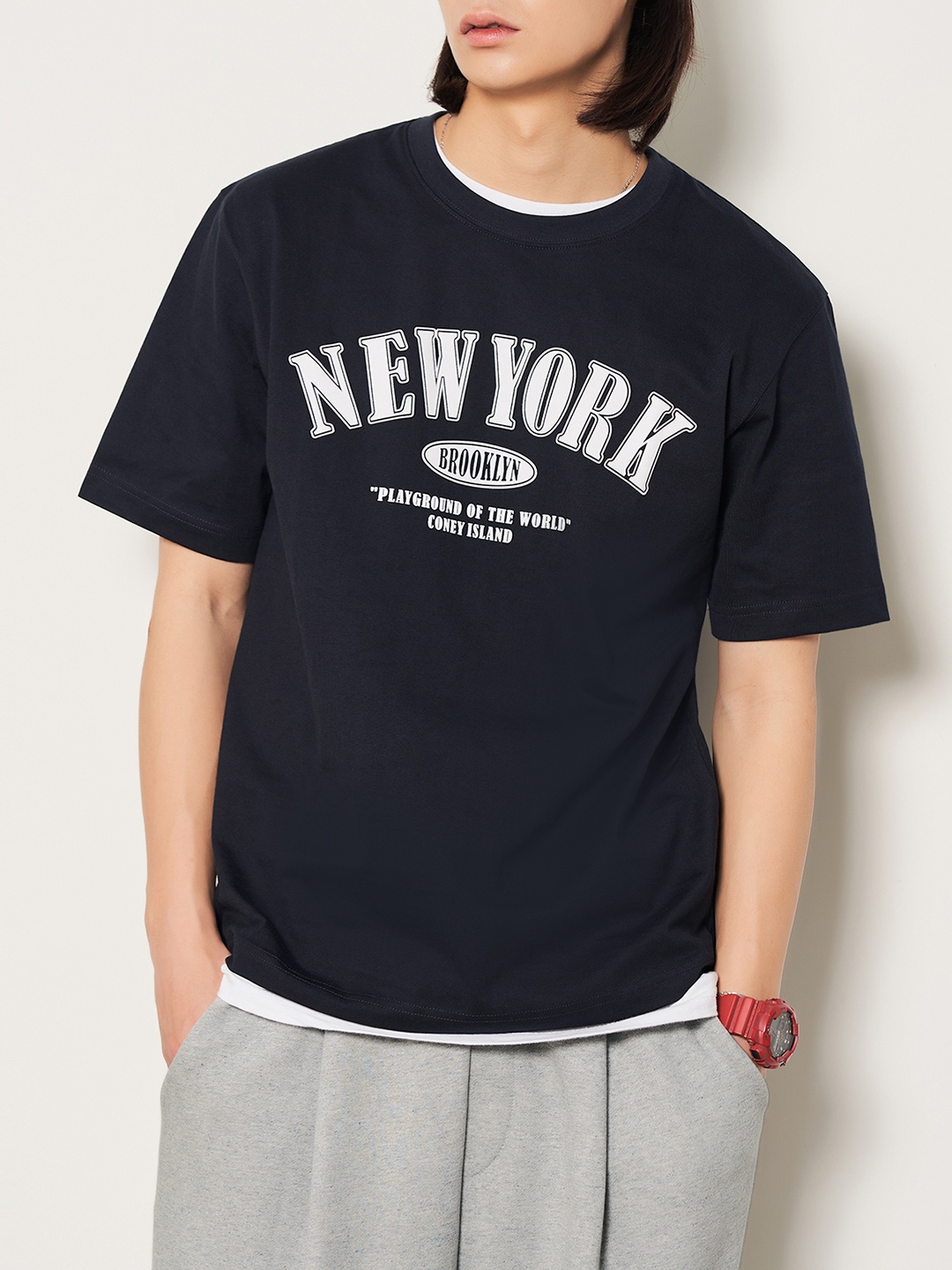 8seconds Men Navy Blue & White Printed Pure Cotton T-shirt