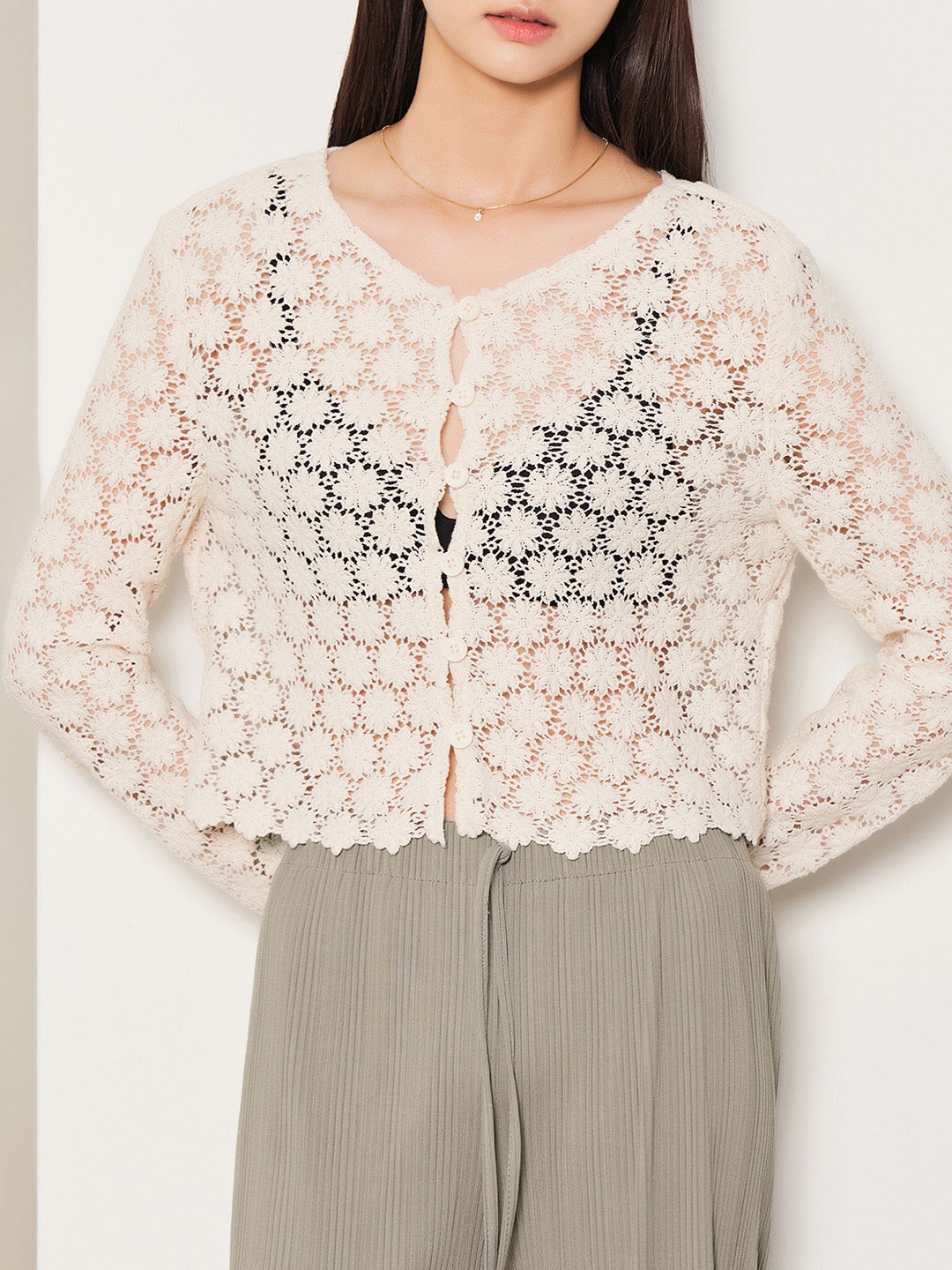 8seconds Off White Floral Design Cotton Crochet Top