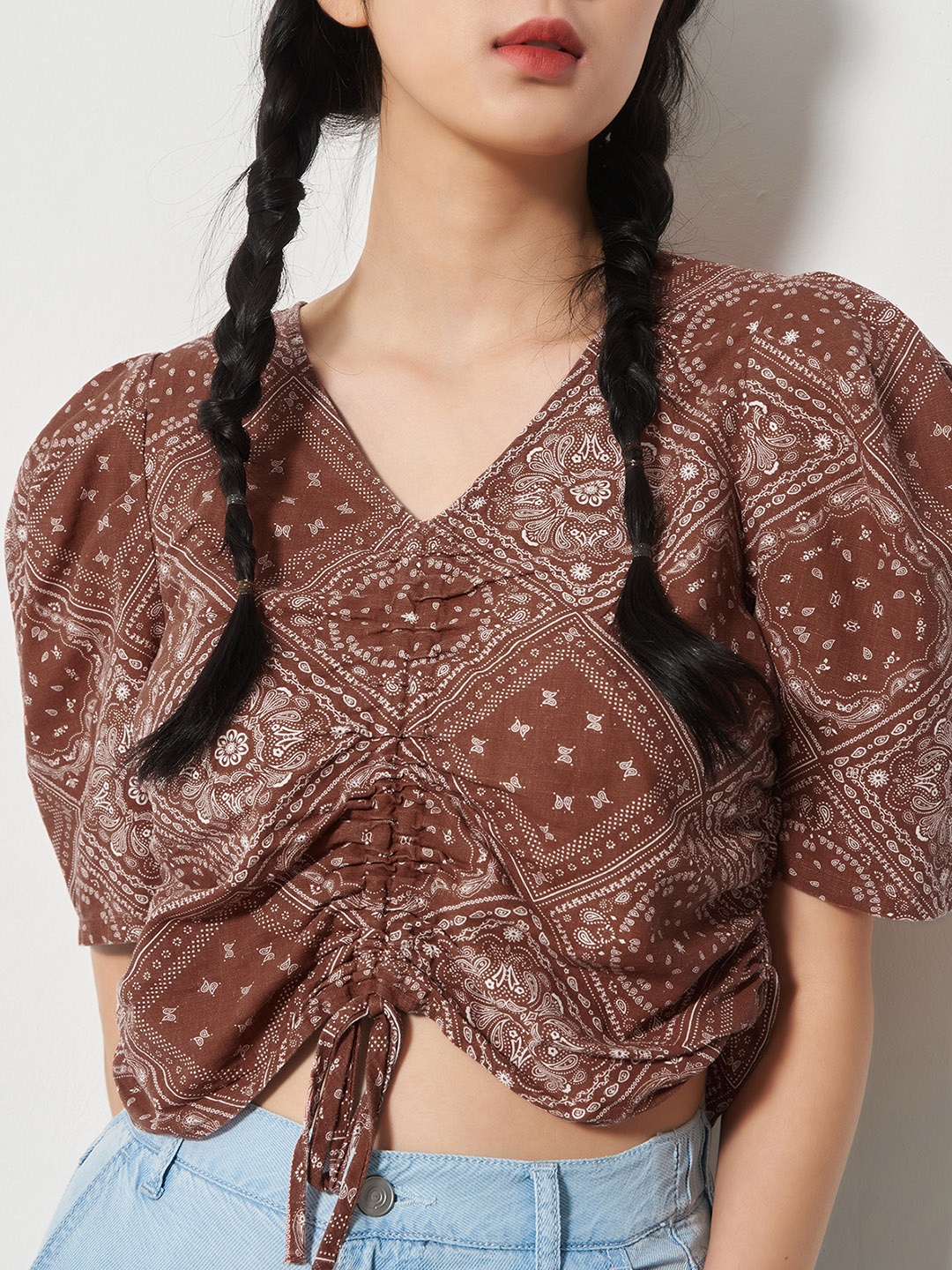 8seconds Brown & White Ethnic Print Linen Cotton Top