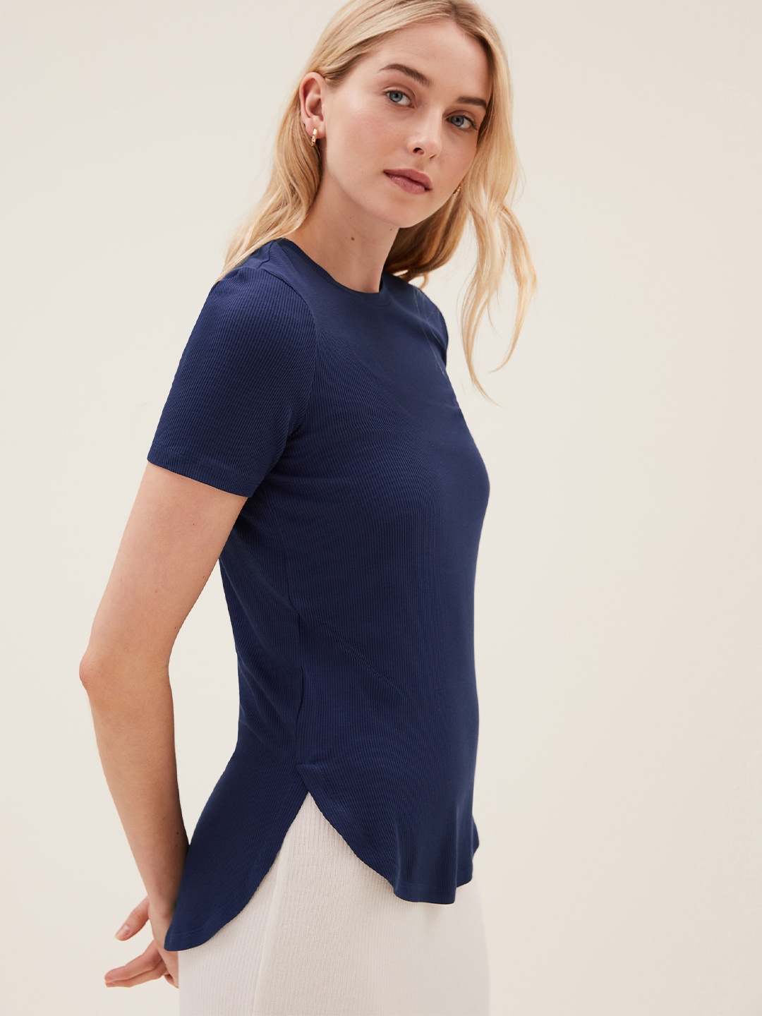 Marks & Spencer Women's Blue Mandarin Collar T-shirt