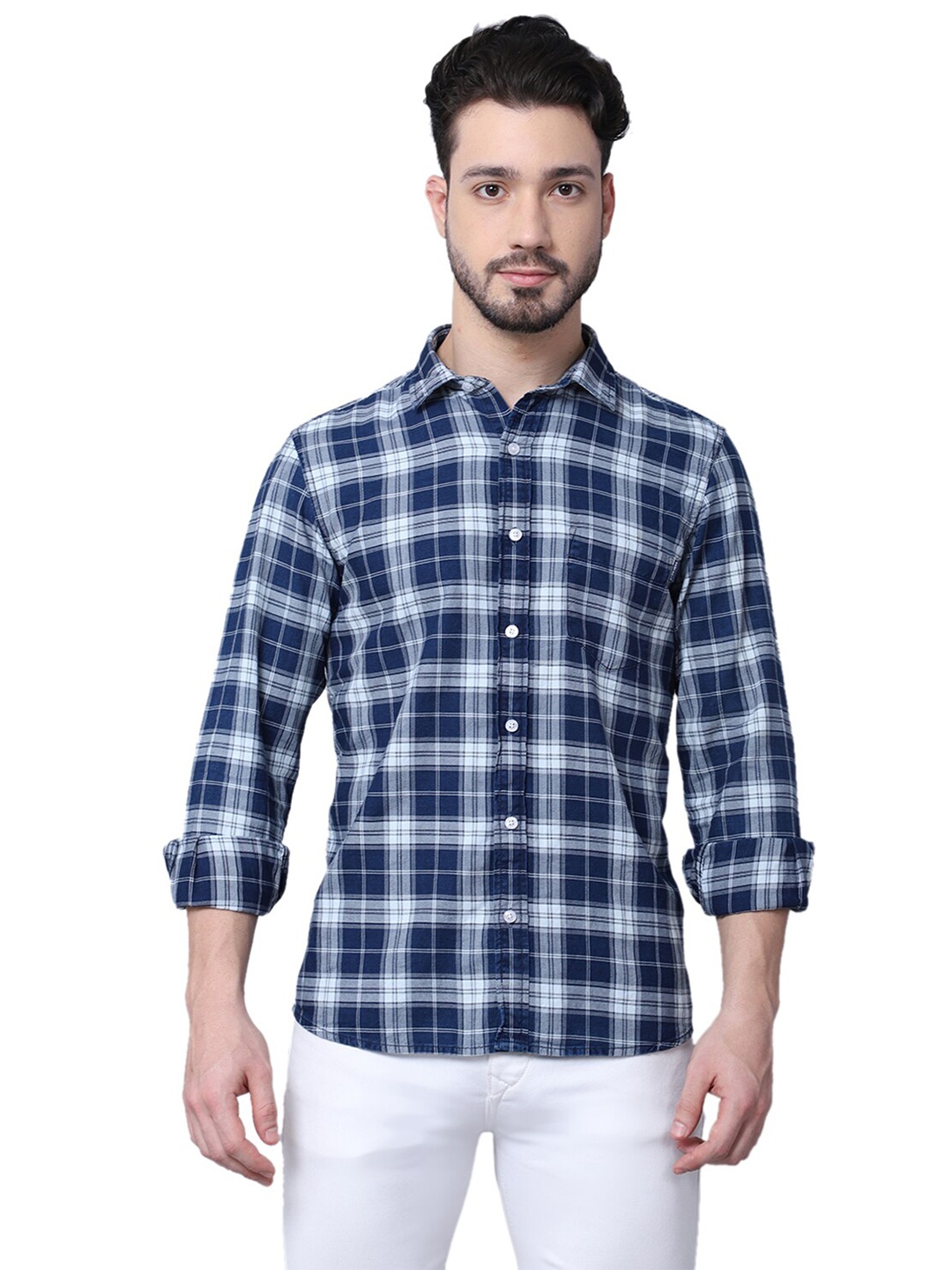 Cantabil Men Navy Blue Checked Casual Shirt