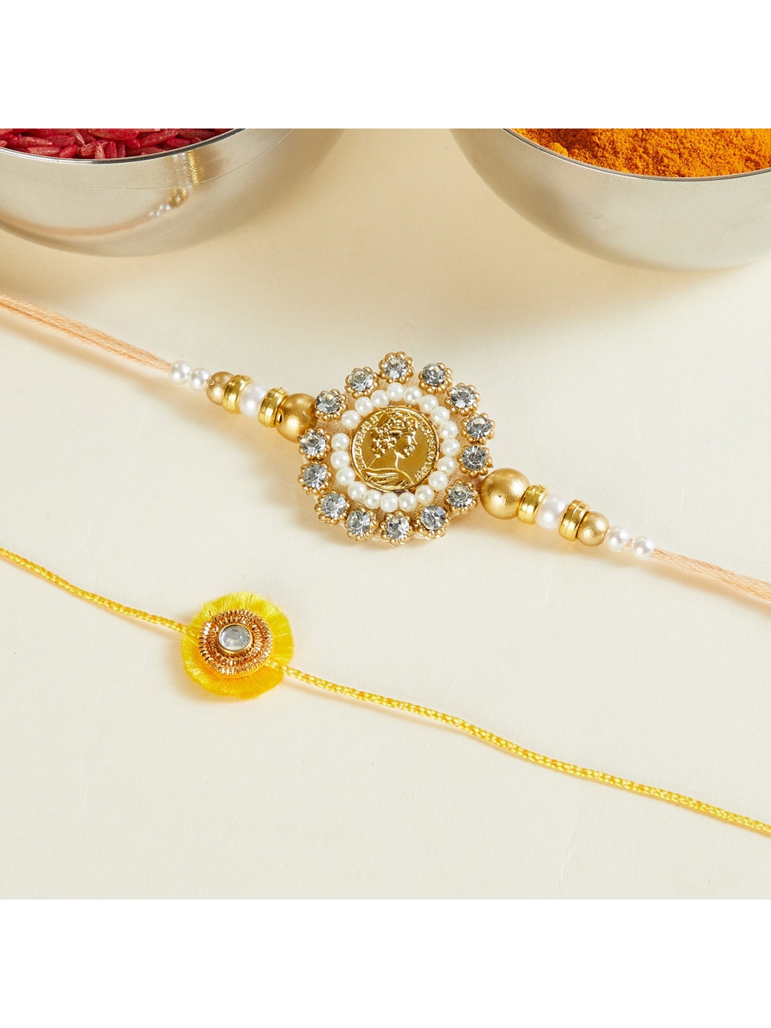 Home Centre Set Of 2 Yellow Corsica Textured Kundan Studded Rakhi