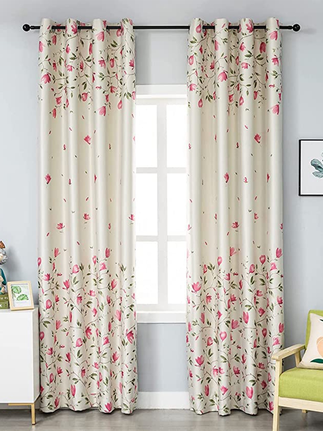 URBAN SPACE Pink & White Set of 2 Floral Room Darkening Door Curtain
