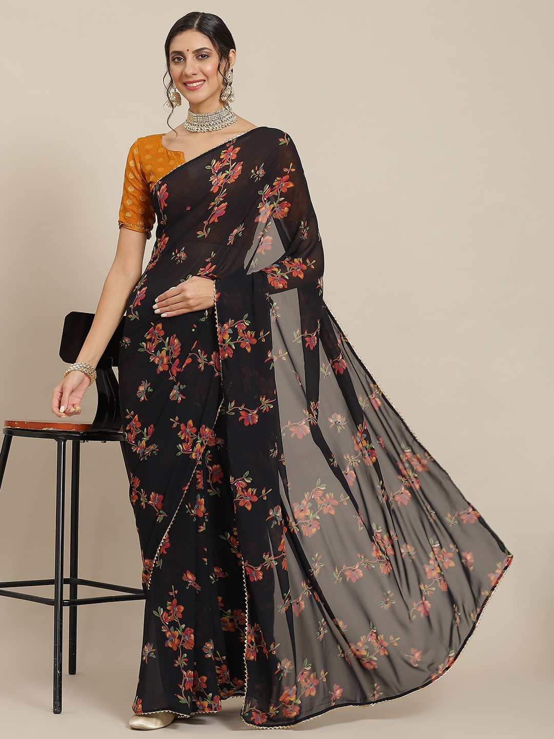 Mitera Black & Orange Floral Gotta Patti Pure Georgette Celebrity Saree