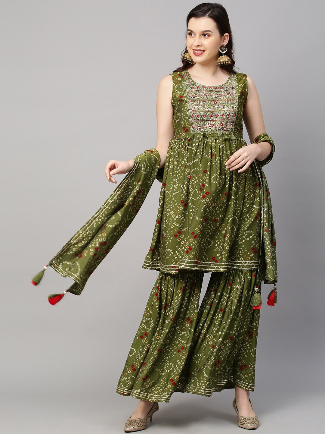 FASHOR Women Green Bandhani Embroidered Empire Gotta Patti Kurti with Sharara & Dupatta
FASHOR Women Green Bandhani Embroidered Empire Gotta Patti Kurti with Sharara & Dupatta