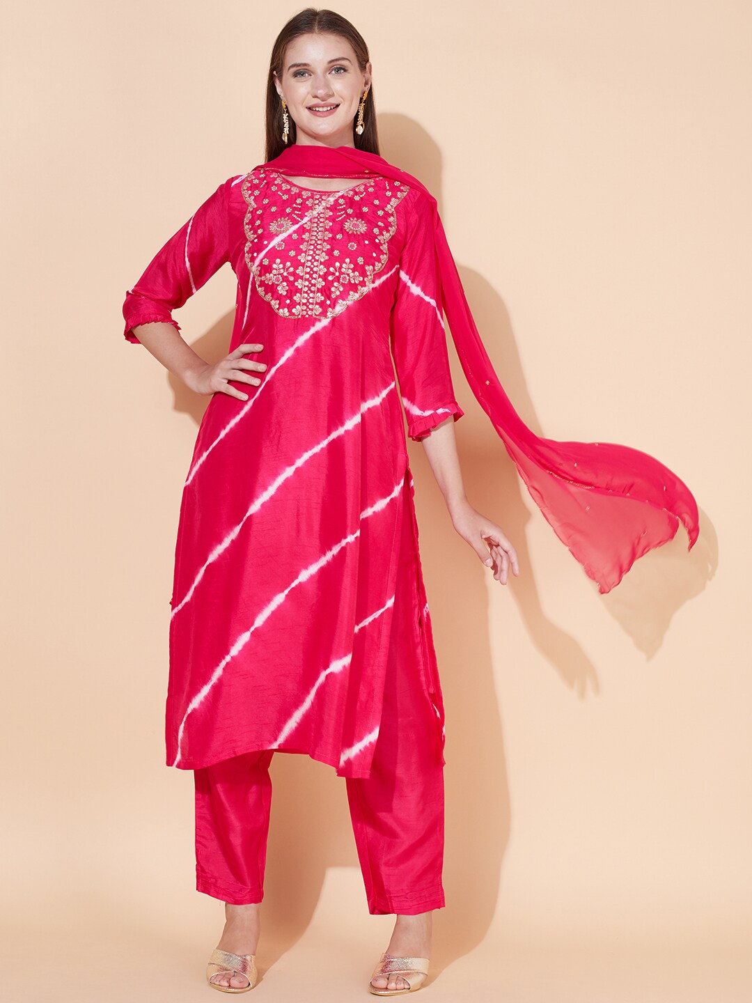 FASHOR Women Pink Embroidered Beads and Stones Kurta with Trousers & With Dupatta