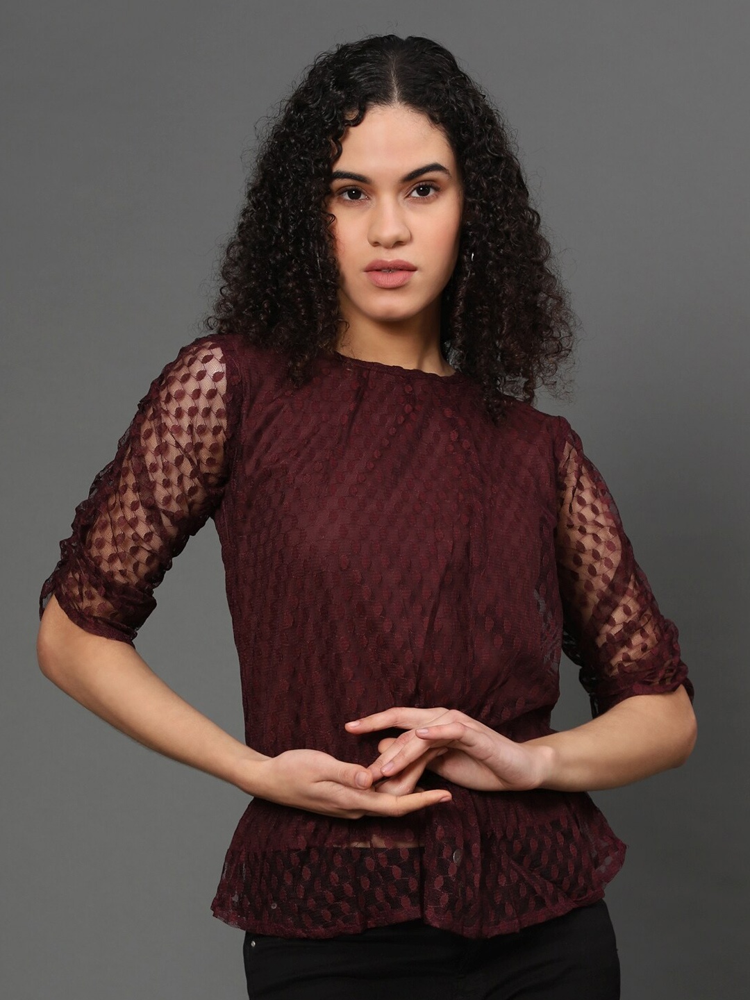 WESTHOOD Women Burgundy Net Top