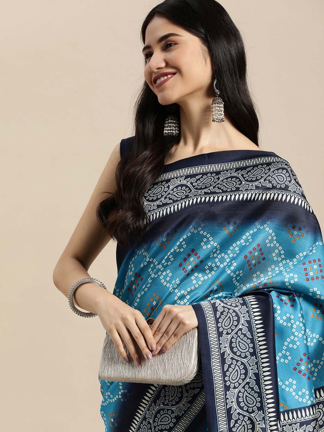 SANGAM PRINTS Blue & White Bandhani Print Art Silk Saree