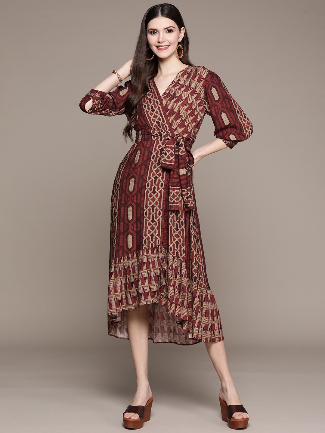 aarke Ritu Kumar Maroon & Beige Printed Midi Wrap Ethnic Dress