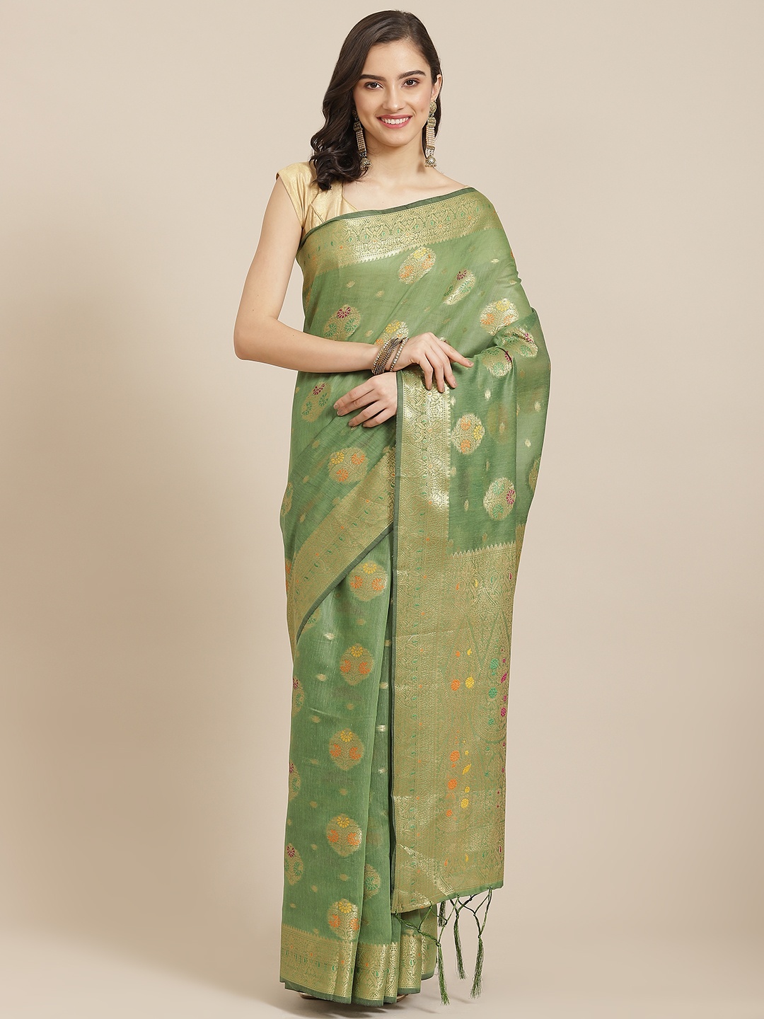 Divine International Trading Co Green & Gold-Toned Floral Zari Pure Cotton Chanderi Saree
Divine International Trading Co Green & Gold-Toned Floral Zari Pure Cotton Chanderi Saree