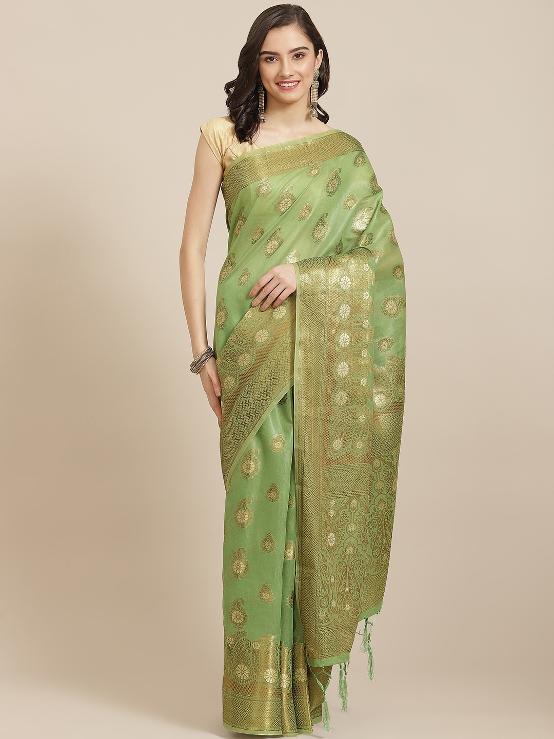 Divine International Trading Co Green & Gold-Toned Ethnic Motifs Zari Pure Cotton Chanderi Saree
Divine International Trading Co Green & Gold-Toned Ethnic Motifs Zari Pure Cotton Chanderi Saree