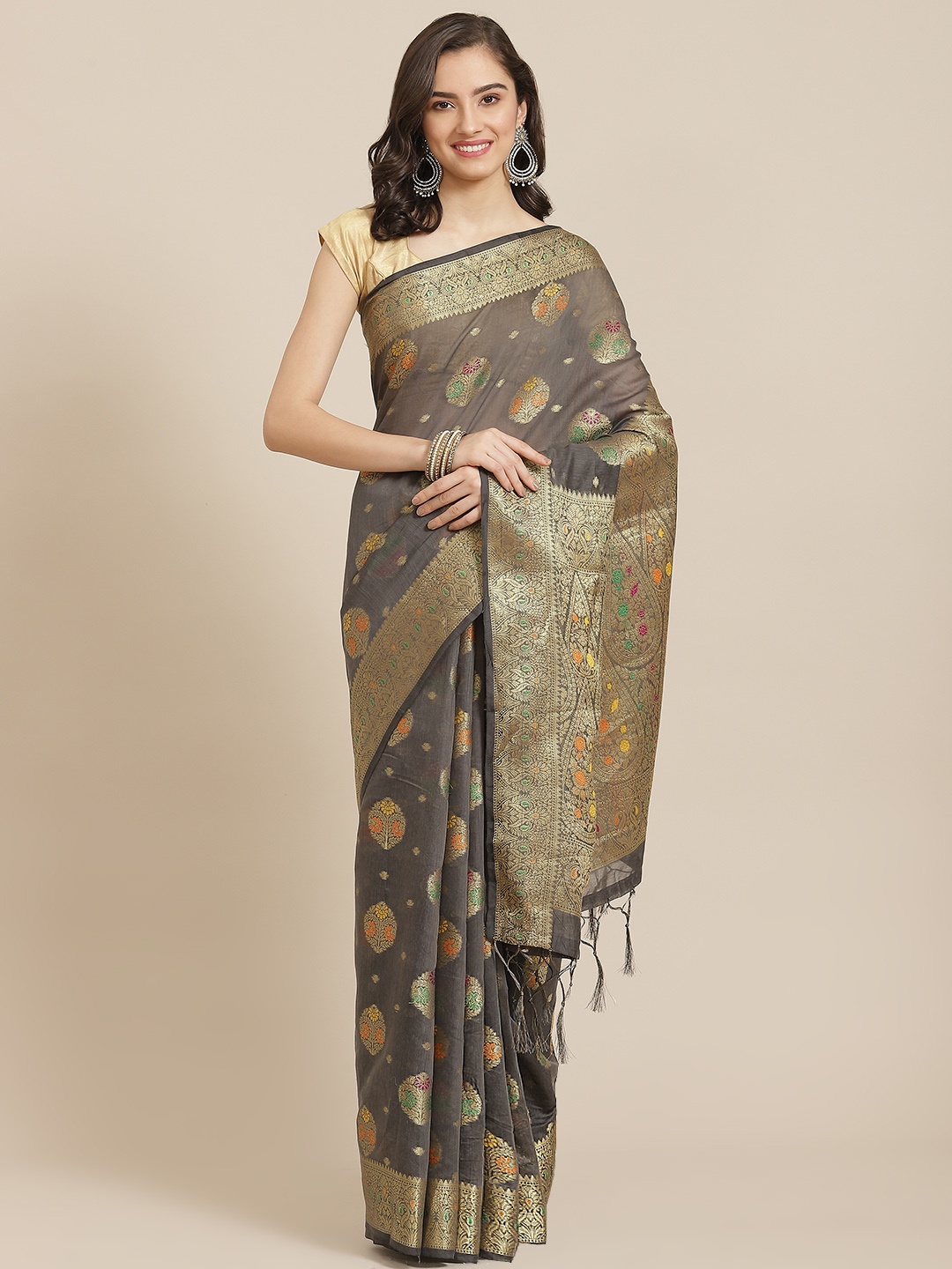 Divine International Trading Co Grey & Gold-Toned Floral Zari Pure Cotton Chanderi Saree
Divine International Trading Co Grey & Gold-Toned Floral Zari Pure Cotton Chanderi Saree