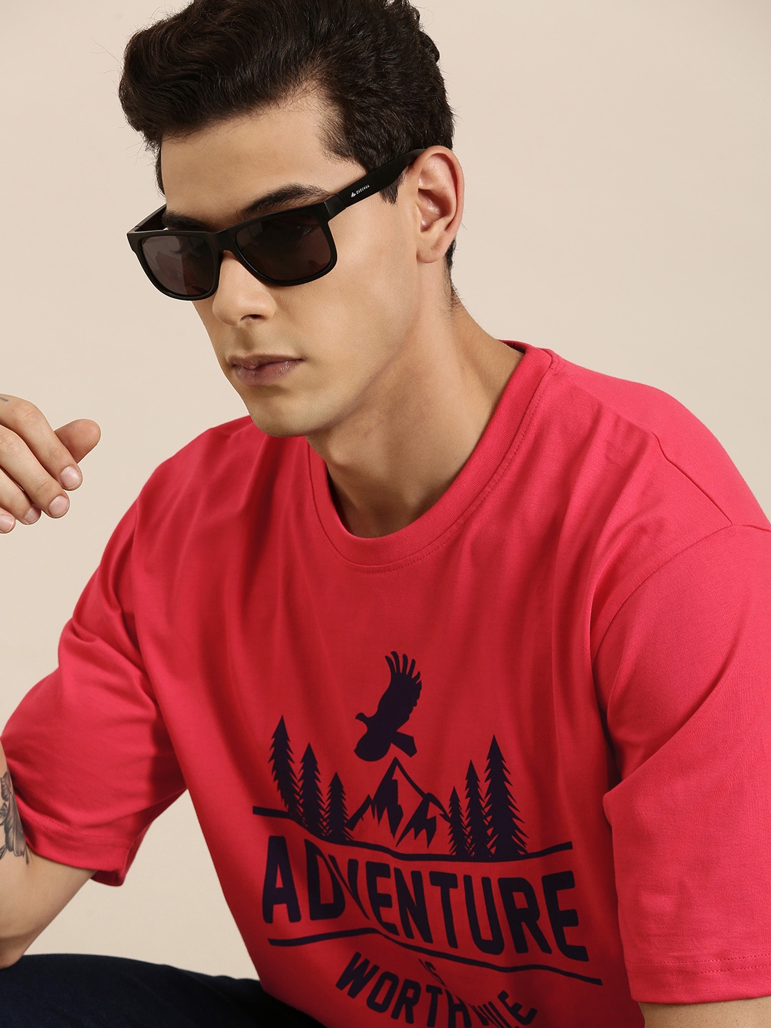 DILLINGER Men Pink Typography Printed Pure Cotton Oversized T-shirt