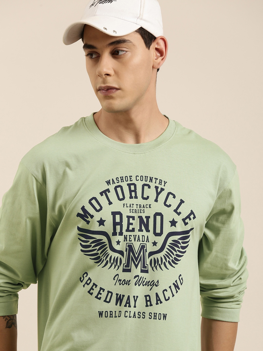 DILLINGER Men Sea Green Typography Printed Pure Cotton Oversized T-shirt