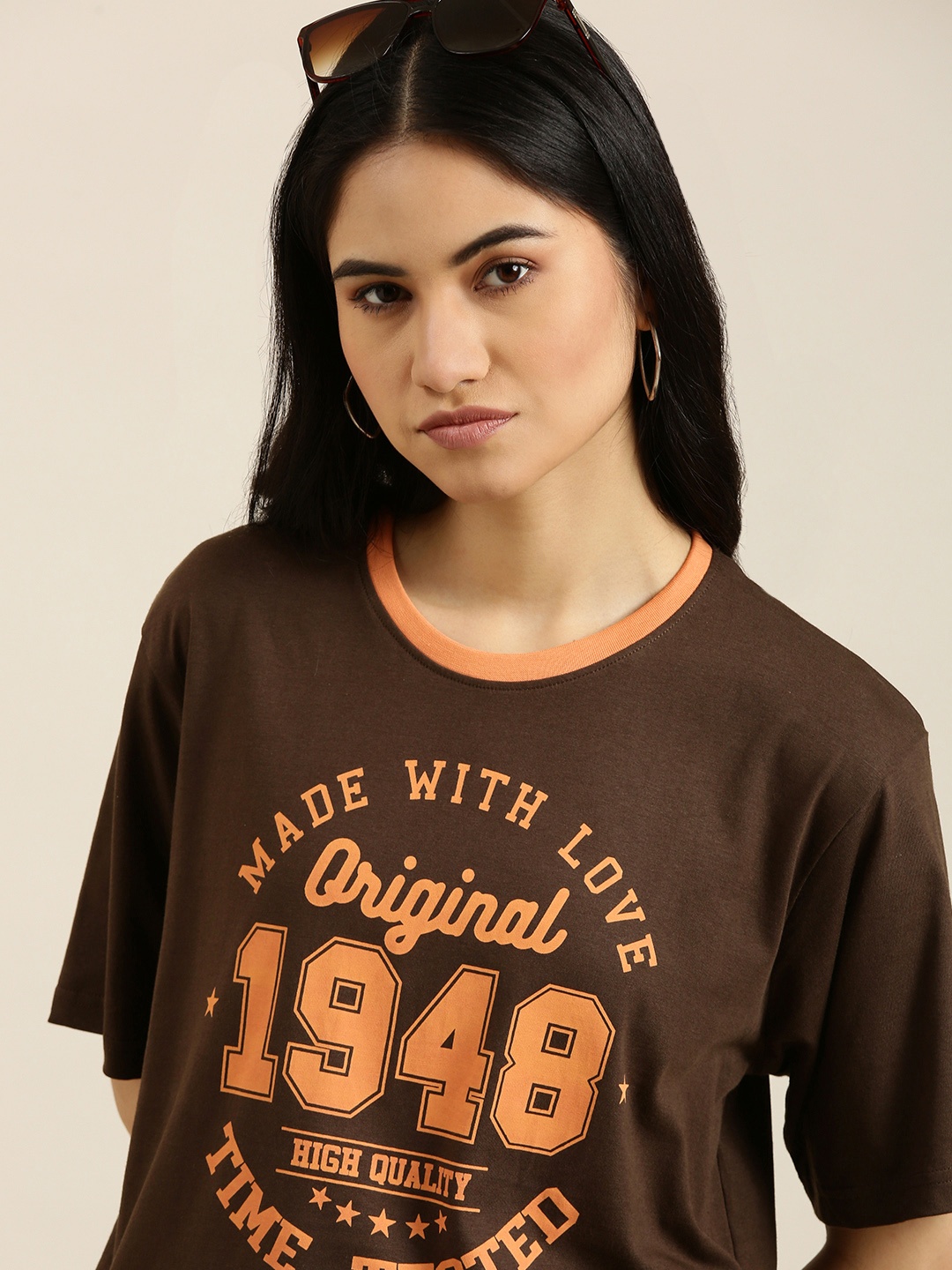 DILLINGER Women Brown & Orange Pure Cotton Typography Printed Loose T-shirt