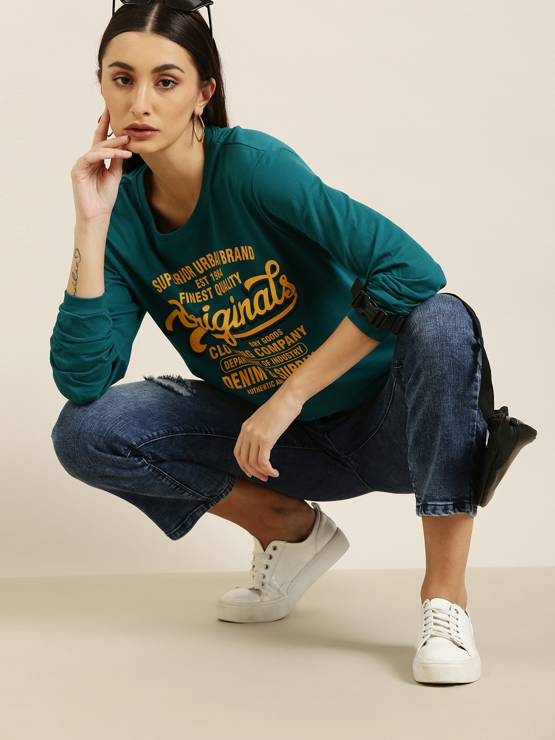 DILLINGER Women Teal Green Typography Printed Pure Cotton Oversized T-shirt