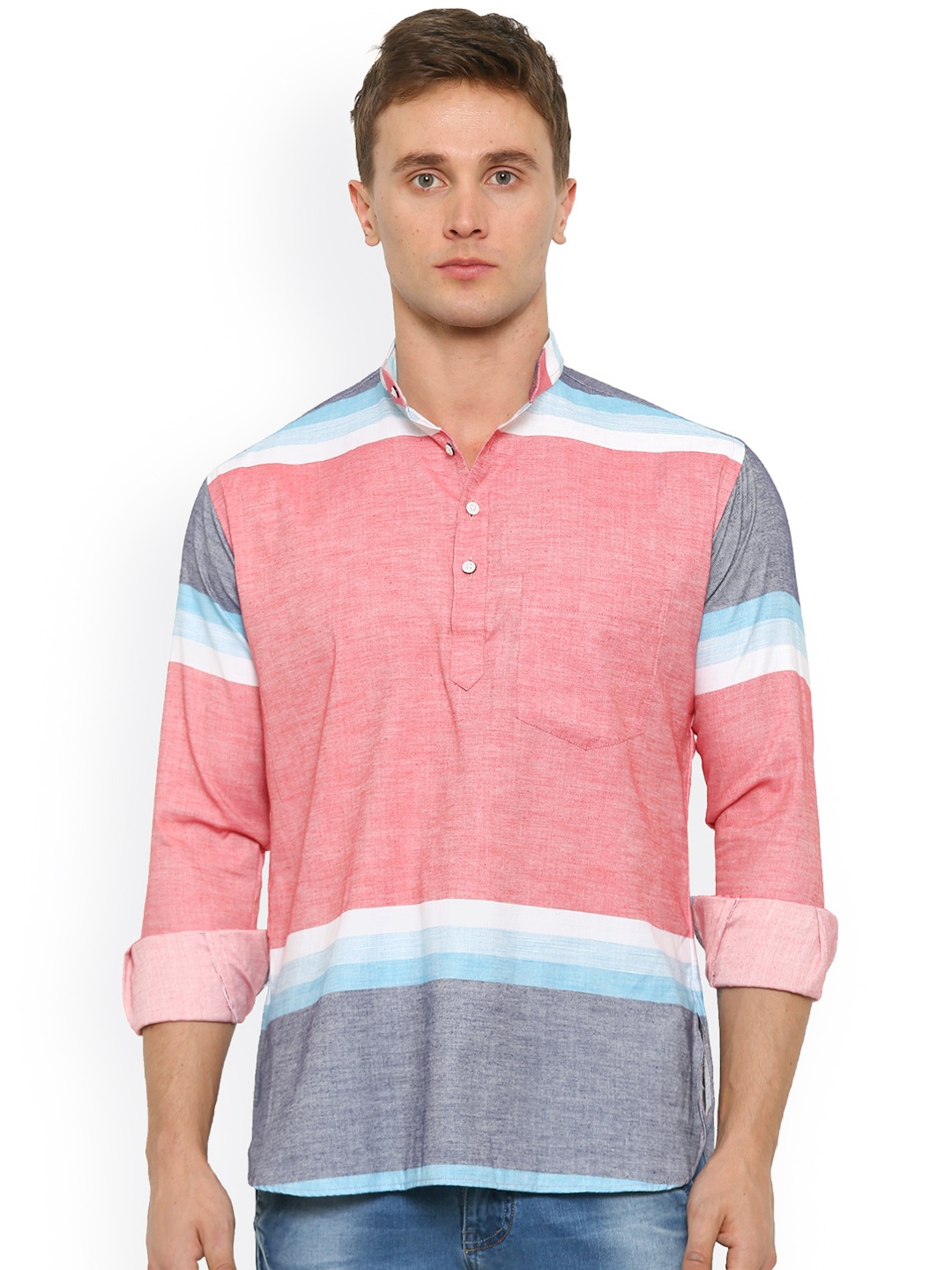 Shaftesbury London Men Coral Pink & Blue Striped Straight Kurta