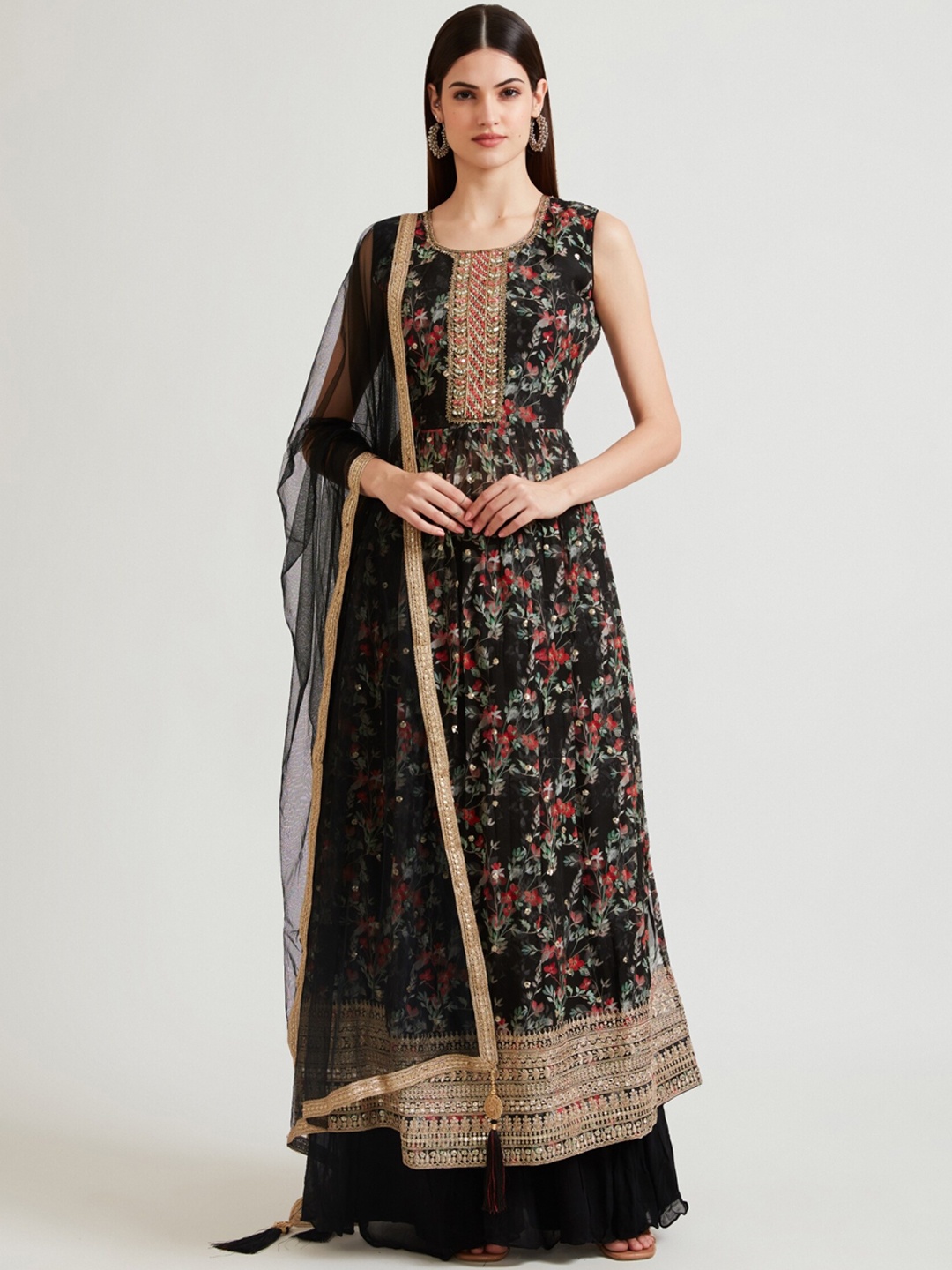Neerus Women Black Floral Embroidered Panelled Zardozi Kurta with Palazzos & With Dupatta
Neerus Women Black Floral Embroidered Panelled Zardozi Kurta with Palazzos & With Dupatta