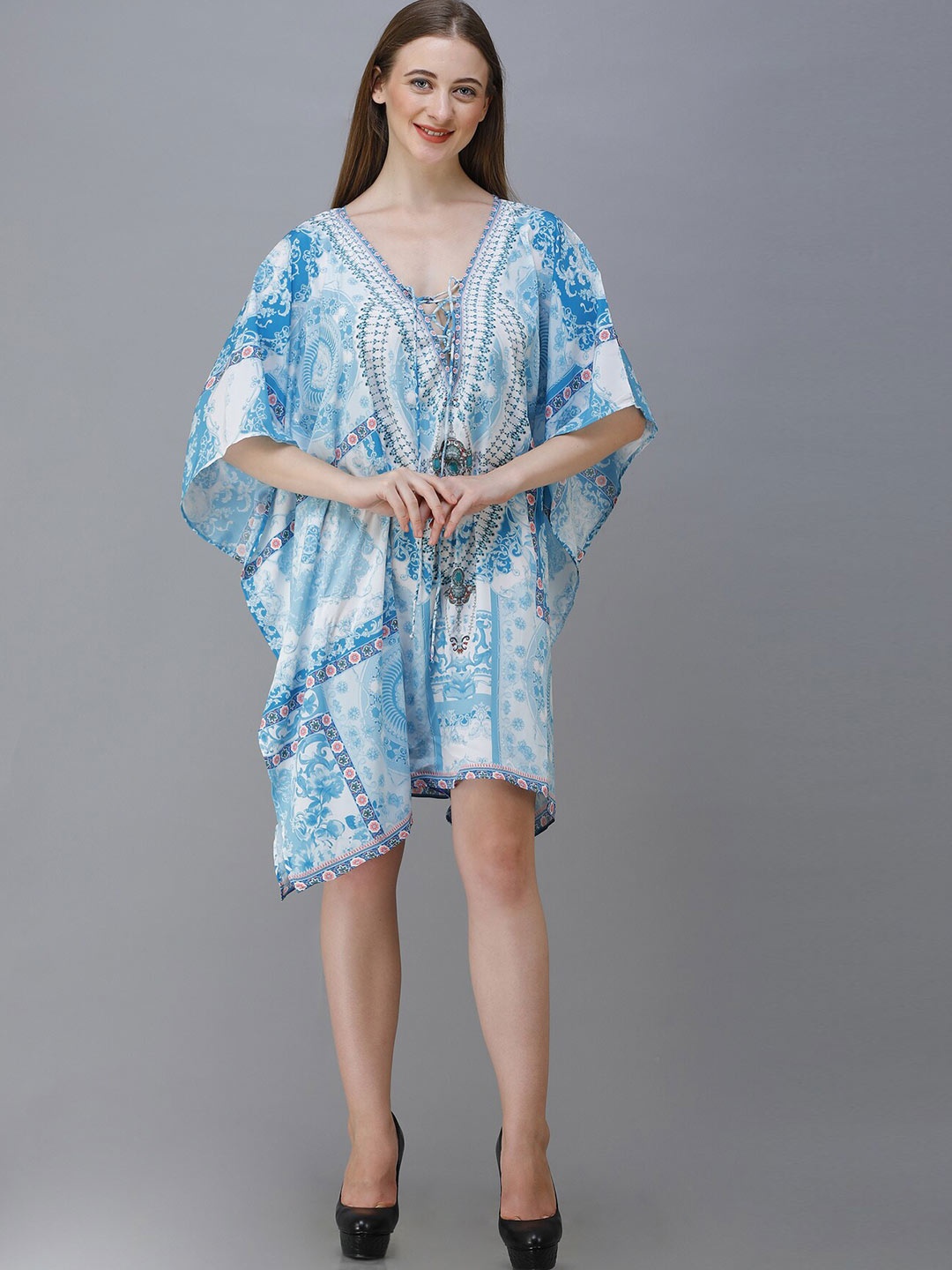 Rajoria Instyle Blue & White Ethnic Motifs Georgette Ethnic Kaftan Dress