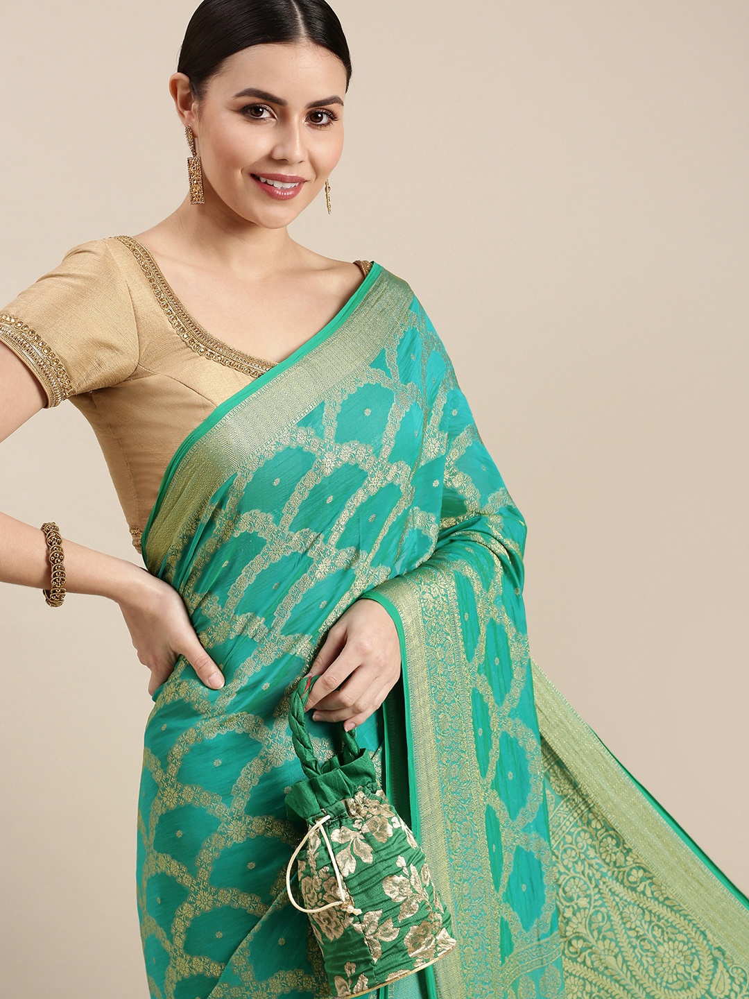 Rani Saahiba Sea Green & Golden Woven Design Saree
