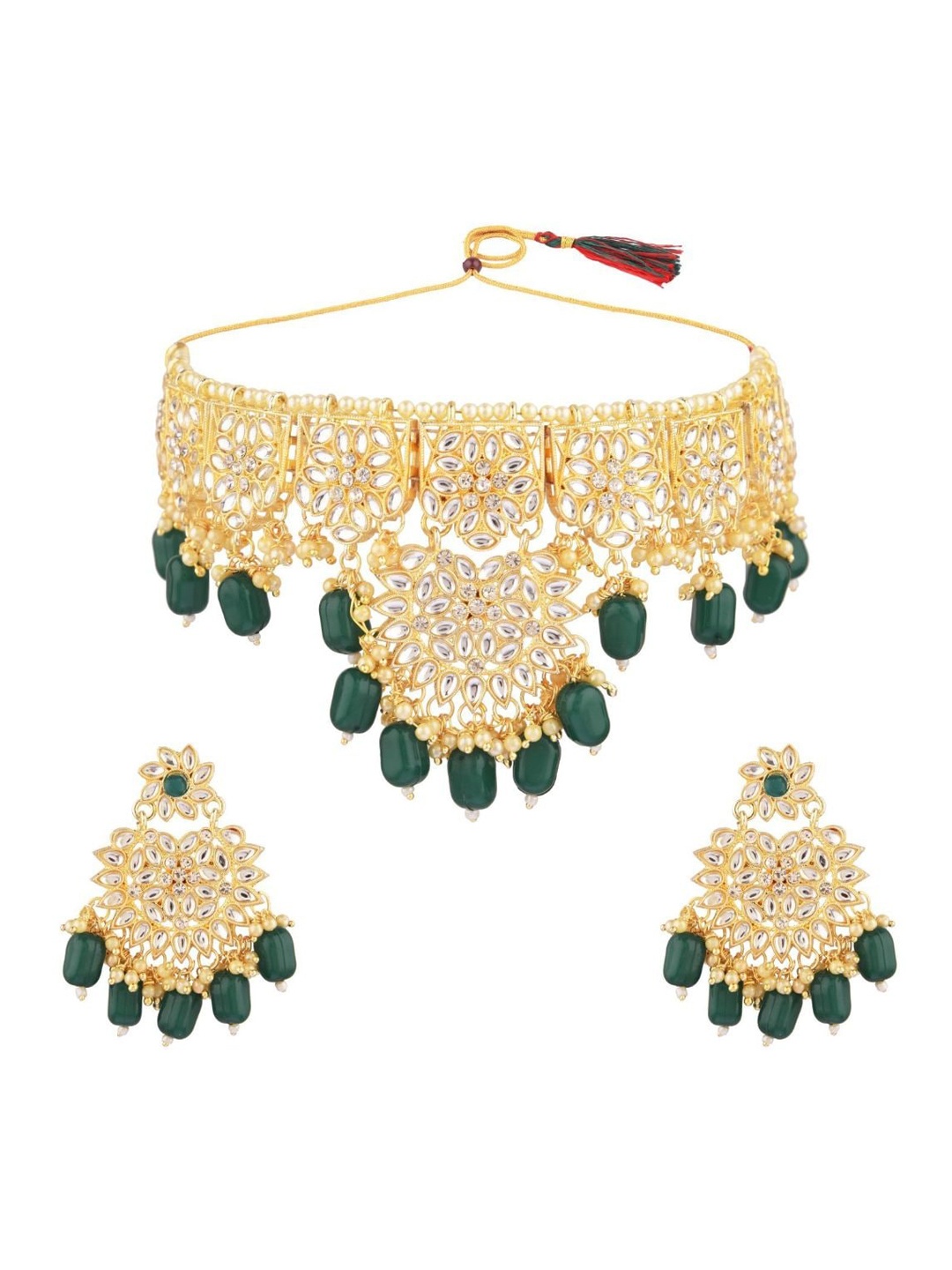 Efulgenz Gold-Plated Green & White Crystal Studded & Beaded Traditional Jewellery Set
Efulgenz Gold-Plated Green & White Crystal Studded & Beaded Traditional Jewellery Set