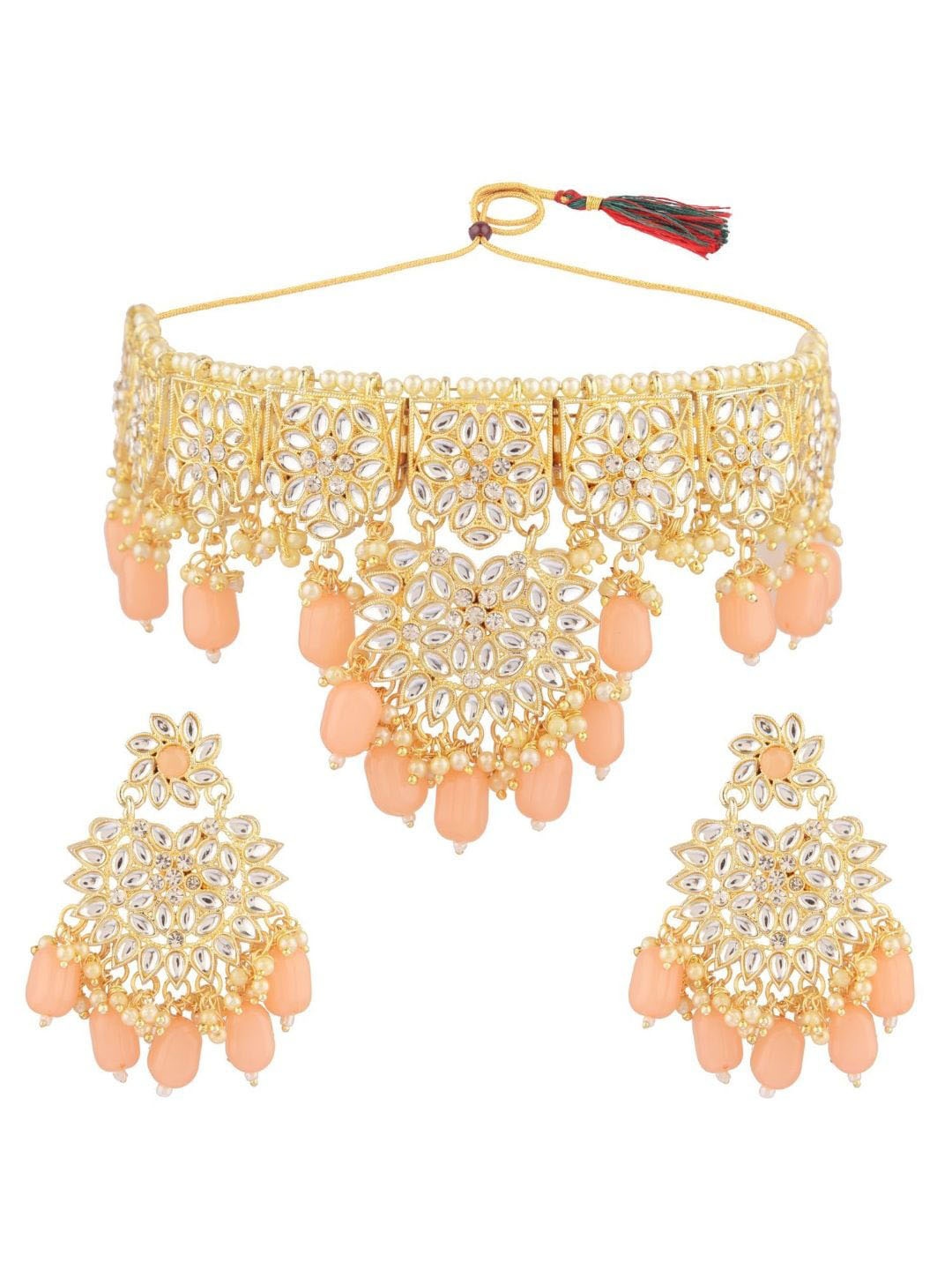 Efulgenz Gold-Plated Peach & White Crystal Studded & Beaded Traditional Jewellery Set
Efulgenz Gold-Plated Peach & White Crystal Studded & Beaded Traditional Jewellery Set