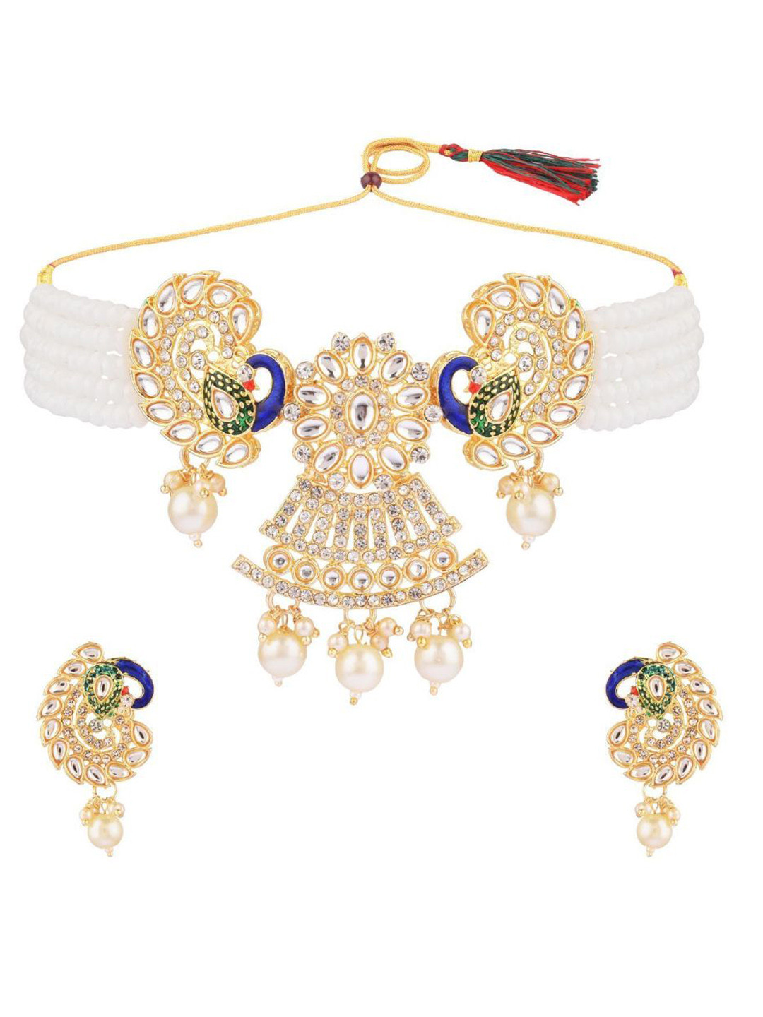Efulgenz Gold-Plated White & Blue Crystal-Studded & Beaded Traditional Jewellery Set
Efulgenz Gold-Plated White & Blue Crystal-Studded & Beaded Traditional Jewellery Set