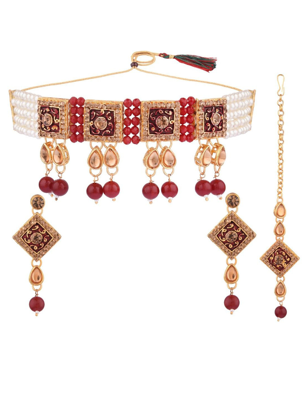 Efulgenz Gold-Plated Maroon & White Crystal Studded & Beaded Traditional Jewellery Set
Efulgenz Gold-Plated Maroon & White Crystal Studded & Beaded Traditional Jewellery Set